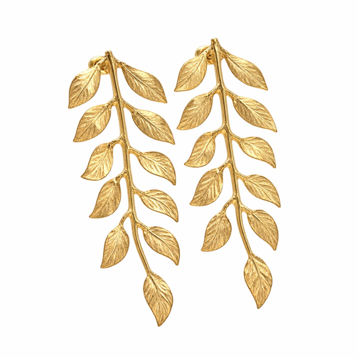 Handmade artisanal gold plated vine leaf earrings facing right on white background by Bebek jewels