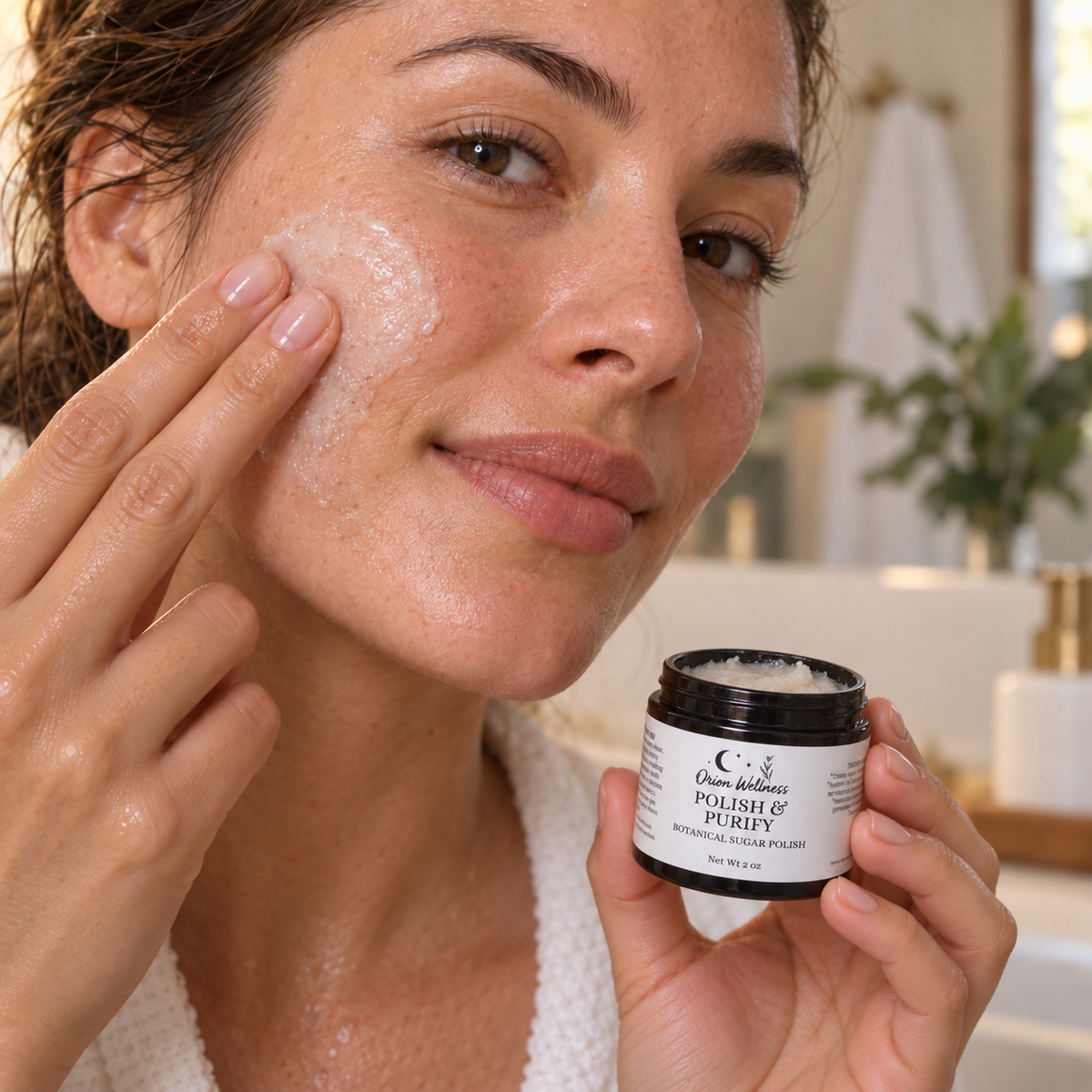 Polish & Purify Sugar Polish in use, included in Cleanse + Polish Shower Ritual