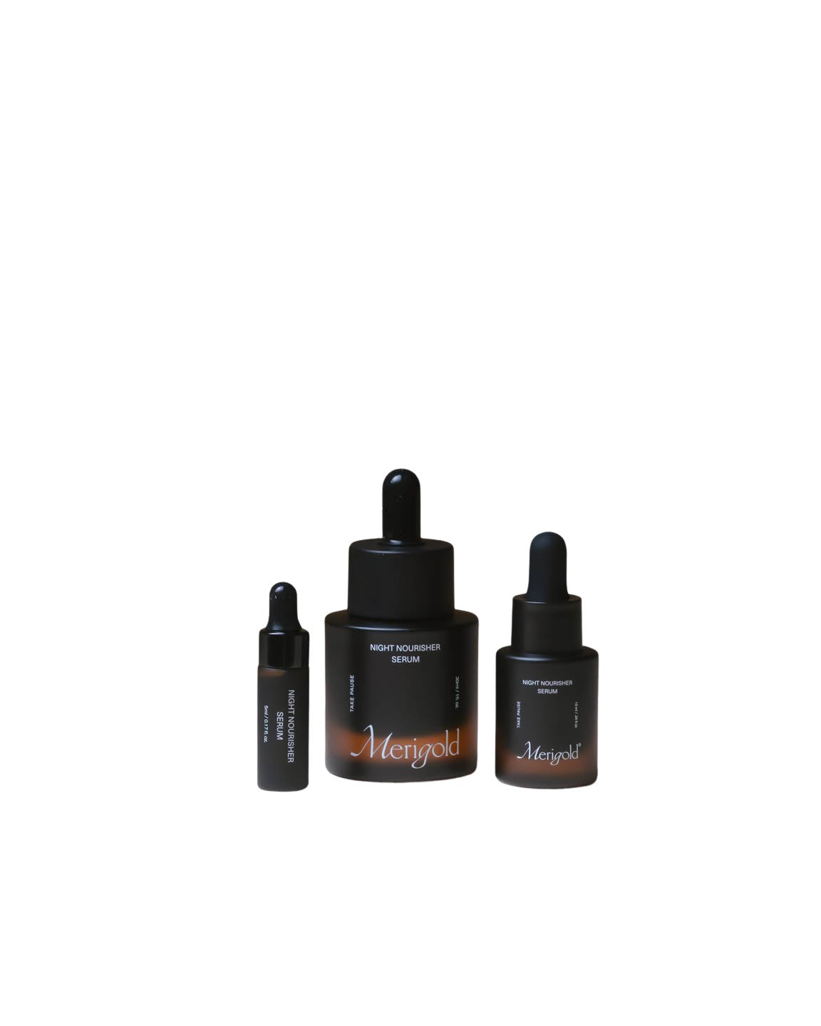 Merigold Night Nourisher Facial Serum shown in amber glass bottles in full size and travel sizes on a neutral background.