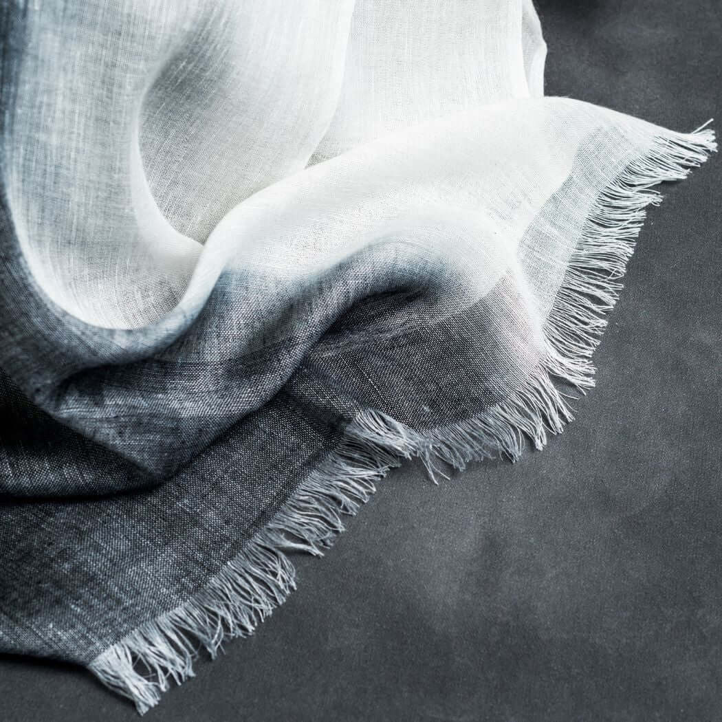 Granite Black White Ombre Linen Silk Handloom Scarf showcasing elegant blending colors and soft texture.