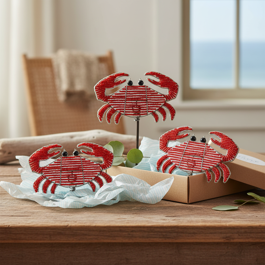 Beaded crab garden stake set of 3 styled as a gift on a rustic wooden table – 12CRBST1