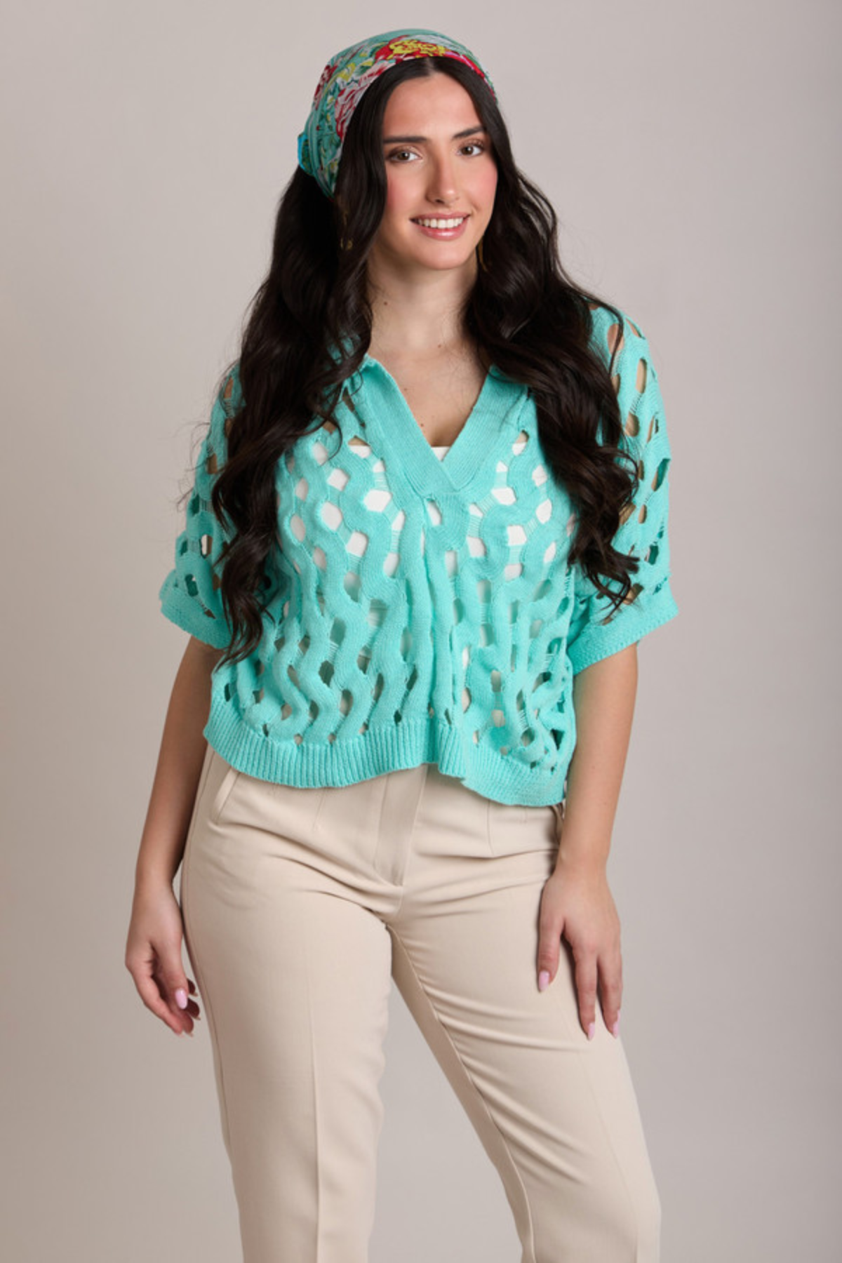 Knit Cut-Out Collared Shirt  - Aqua