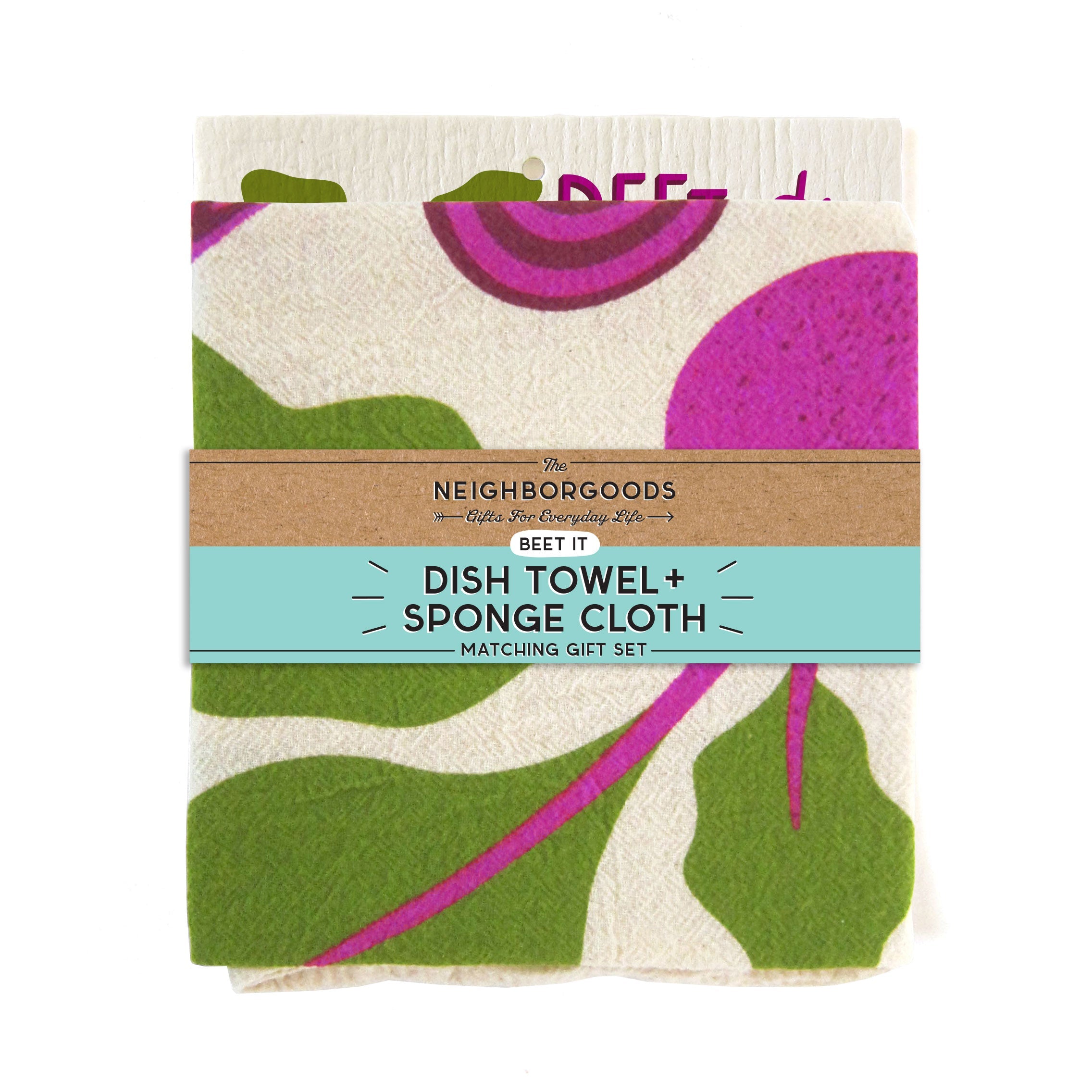 Back of matching dish towel and sponge cloth set with beets design, featuring the phrase "Beet it"