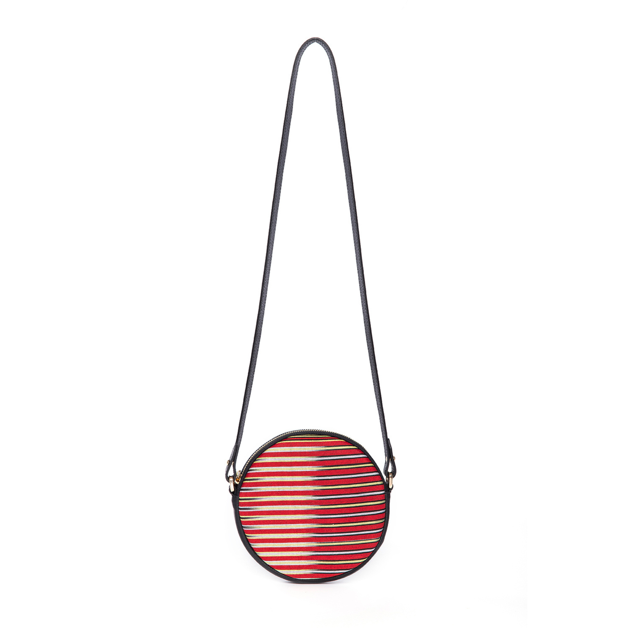 Black Genuine Leather & Striped Fabric Pattern Crossbody Bag