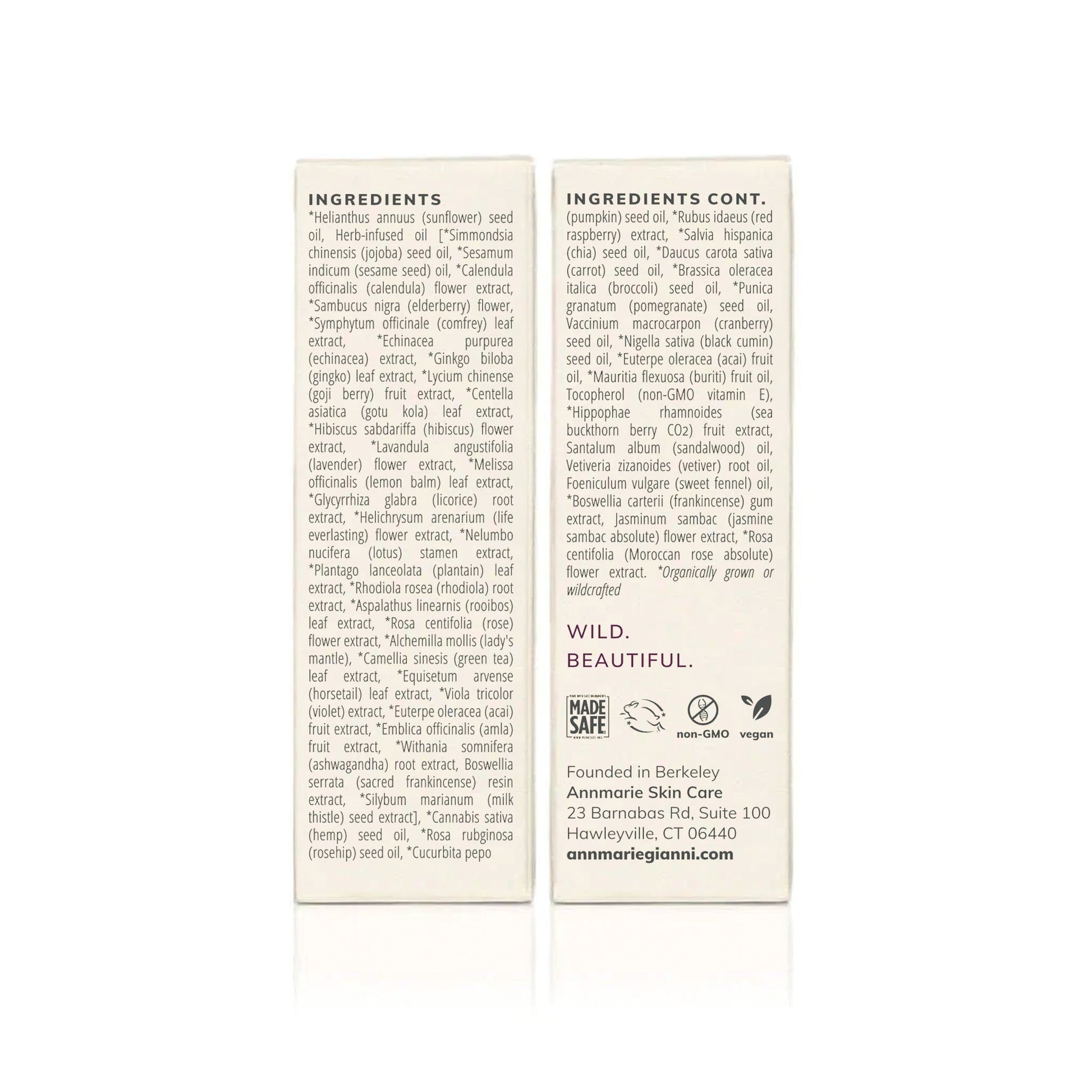 Back of Annmarie Skin Care Anti-Aging Facial Oil packaging displaying full ingredient list including jojoba oil, chia seed oil, pomegranate seed oil, and botanical extracts.
