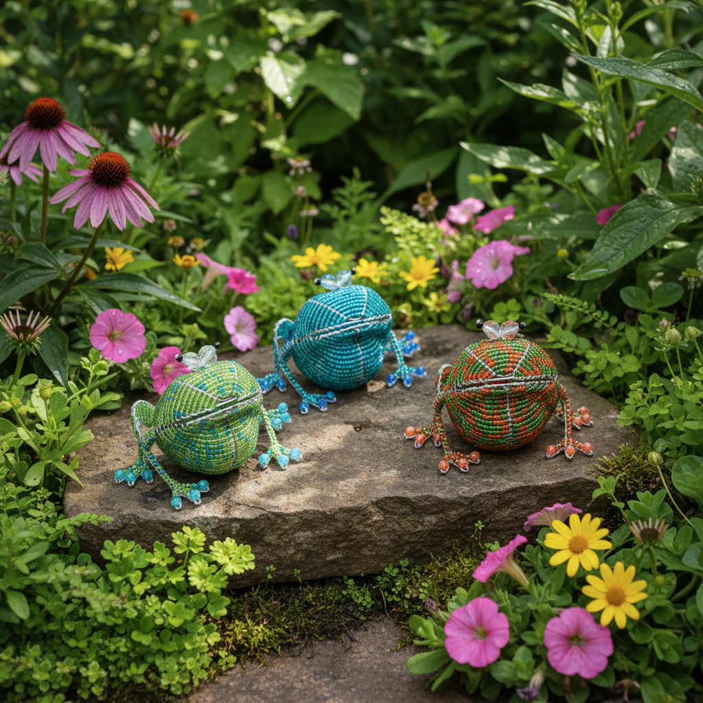 Handcrafted beaded frog figurines set of 3 in a lush garden setting on stone surface – 11FRGSS1