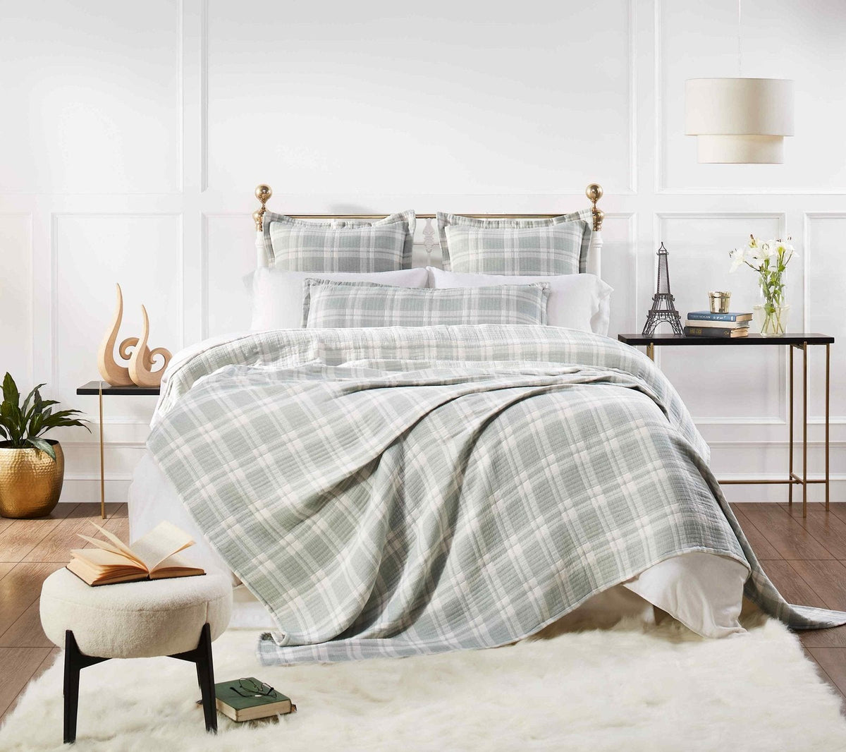 BT-119-9496_1|Elegant bedroom featuring a cozy sage green and white plaid quilted blanket, matching pillows, and chic modern decor.