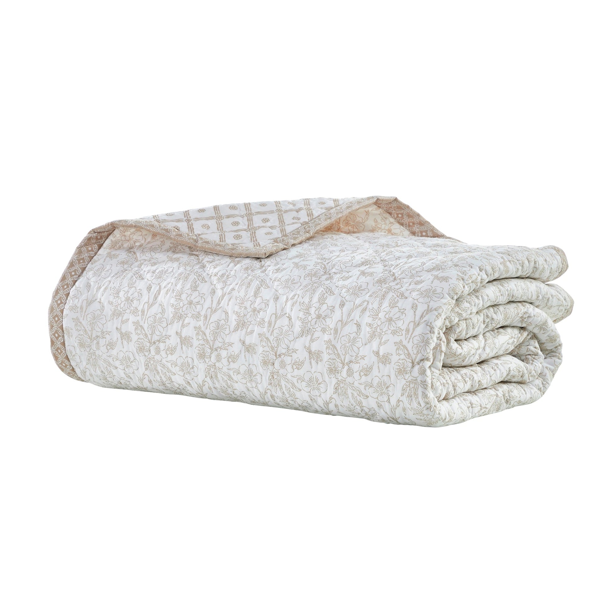 QT-346-11096_7|Rolled natural beige floral print quilt. Reversible with intricate geometric pattern border. Cozy bedding for home decor.