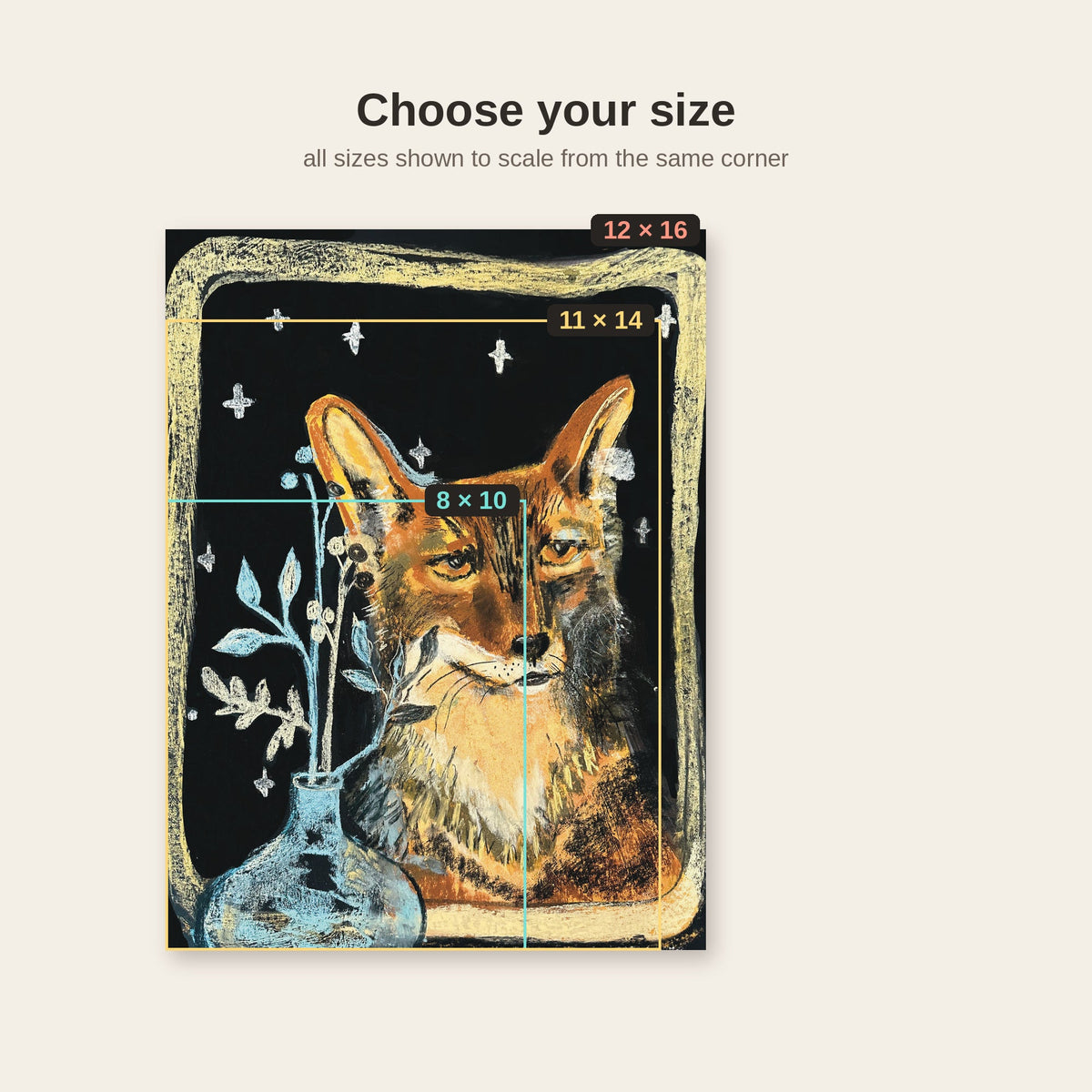 Choose your size: Fox with the Vase art print available in 8×10, 11×14 and 12×16