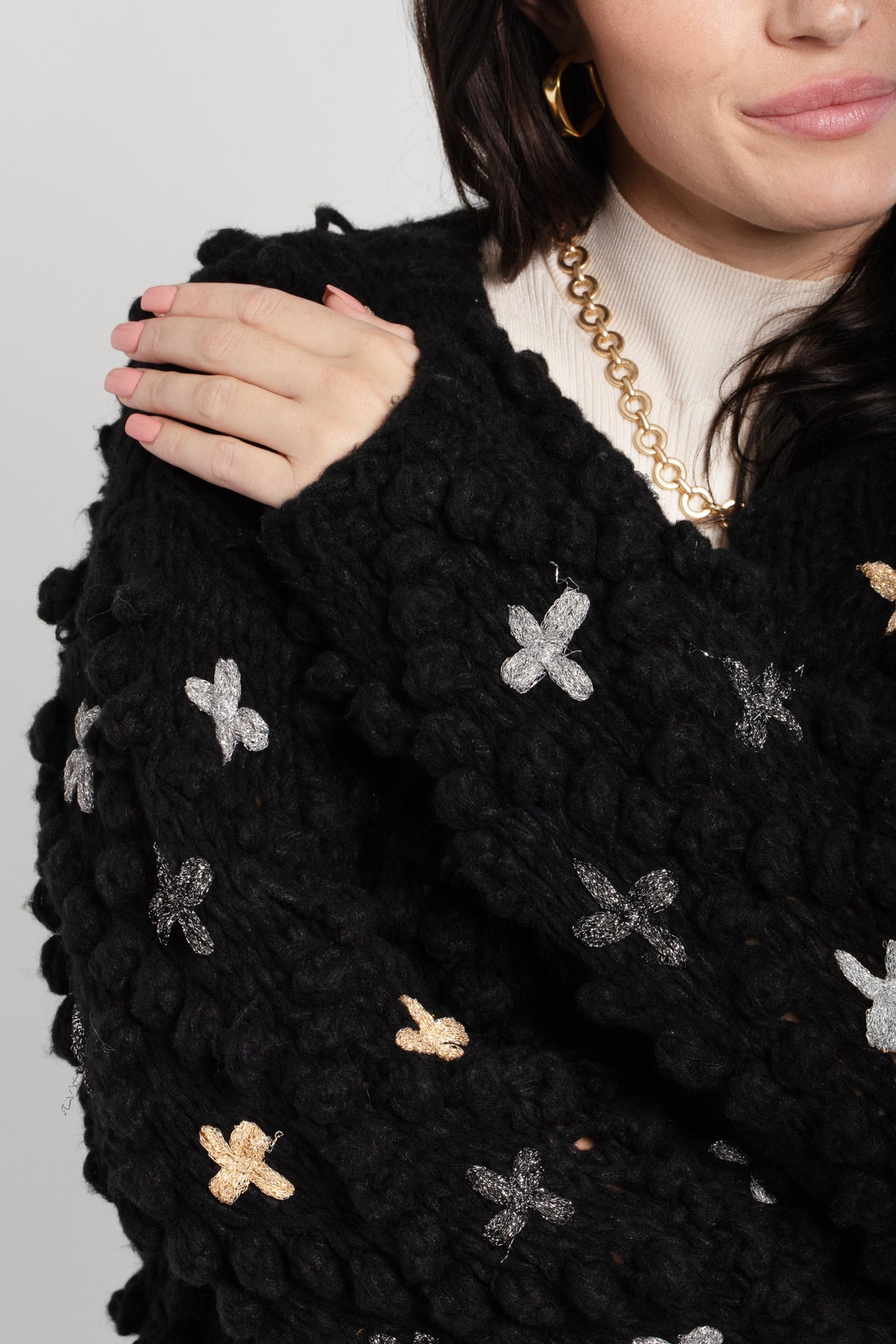 Knitted Cardigan Cross Pom Pom - Black