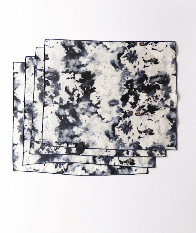 Grey Marble linen placemat set of 4 with swirling grey black and blue watercolor pattern - Goldie Home