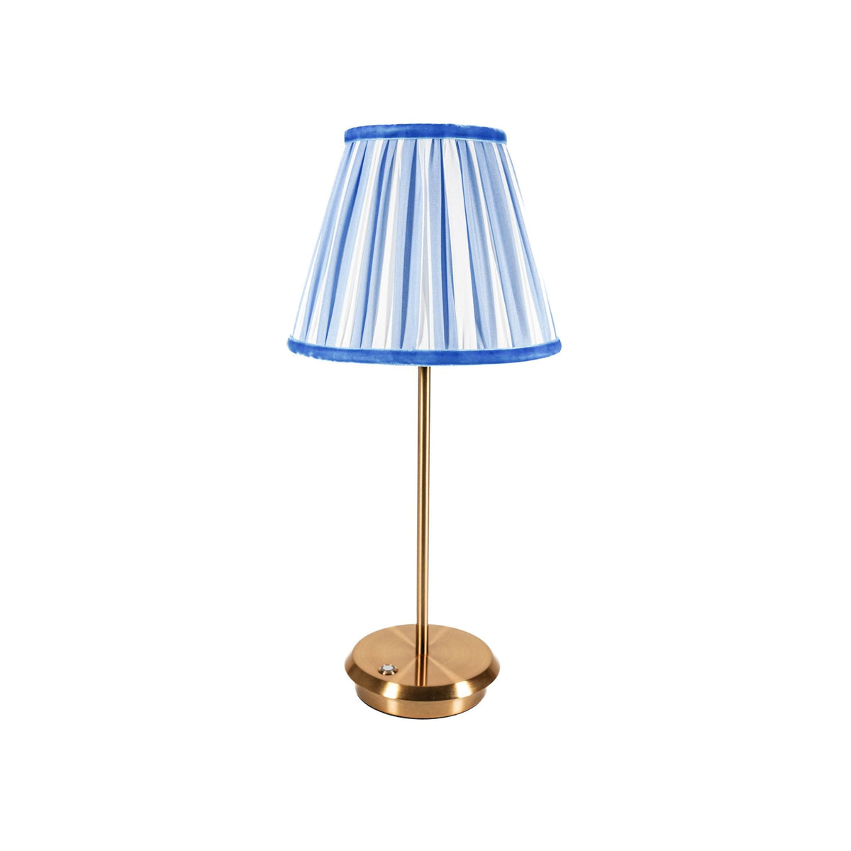 Blue Velvet Tides cordless table lamp with blue striped shade and gold base