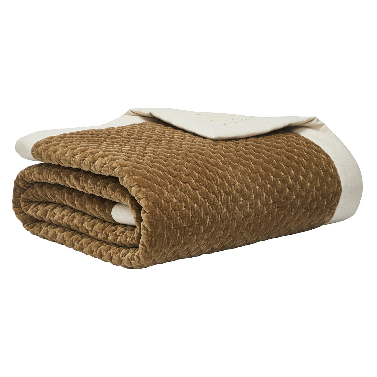 QT-378-11096_10|Neatly folded golden-brown quilted bedspread, displaying a rich textured pattern and contrasting cream border.