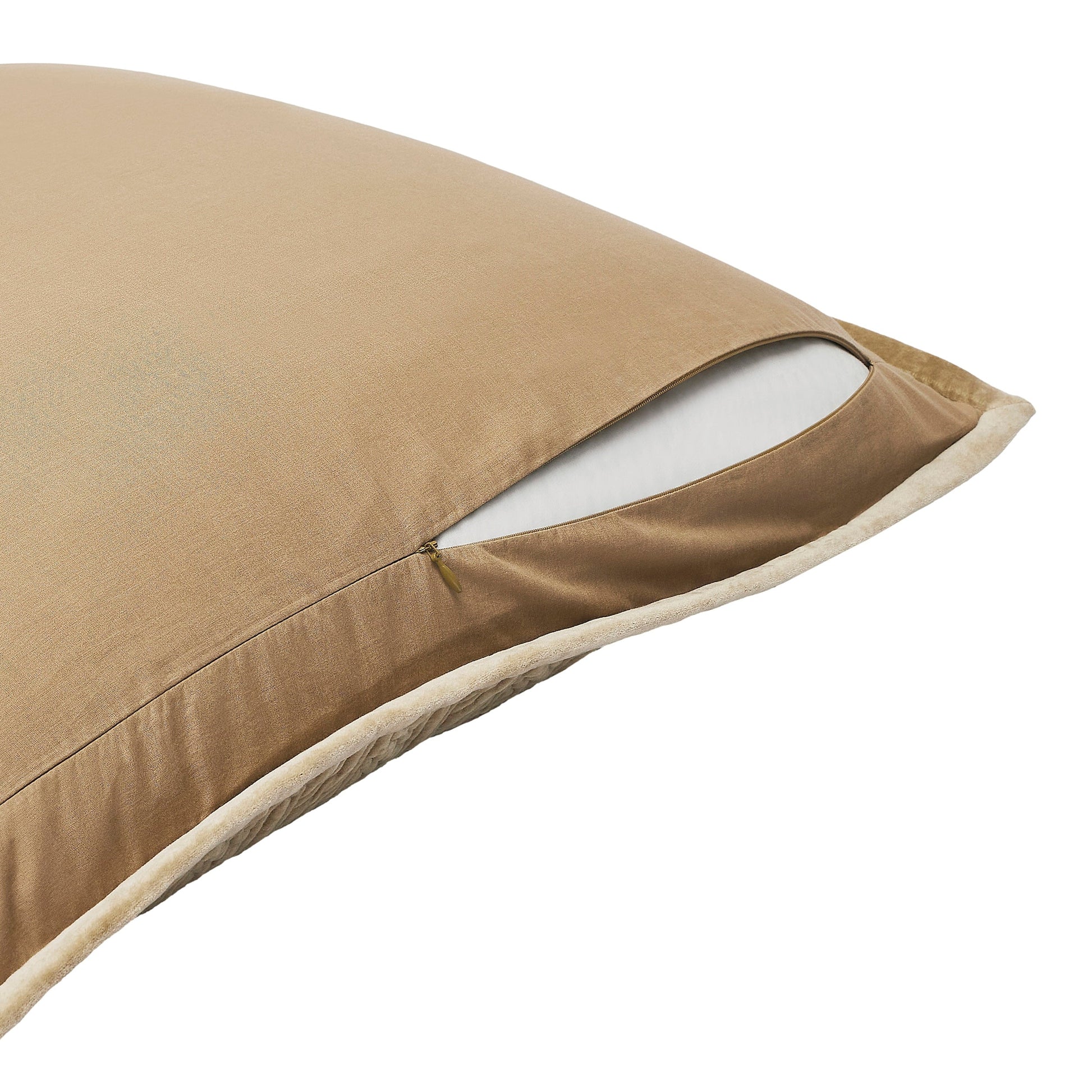 ES-377-2626_2|Close-up of a tan quilted velvet pillow with secure zipper closure, highlighting the luxurious fabric and durable design.
