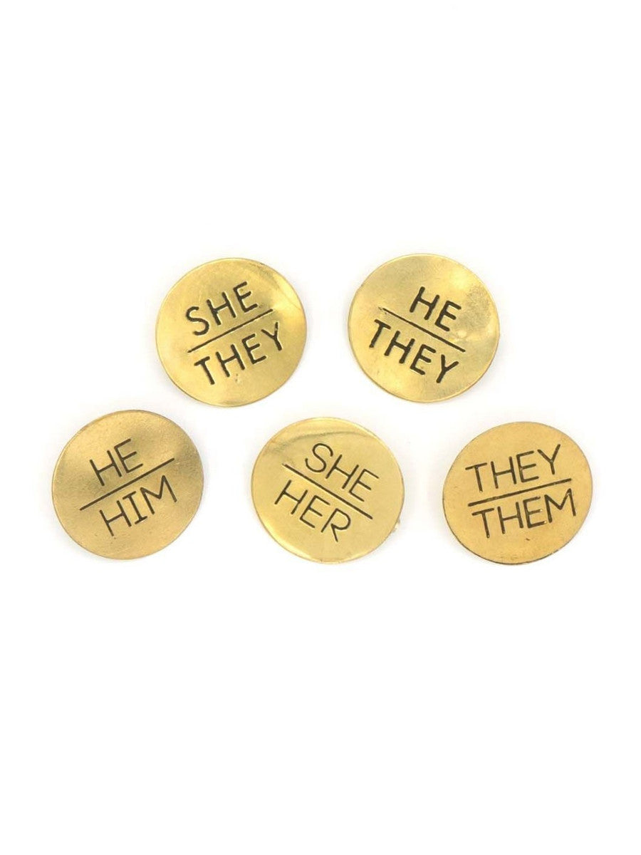 stamped brass pronoun pins | Fair Anita