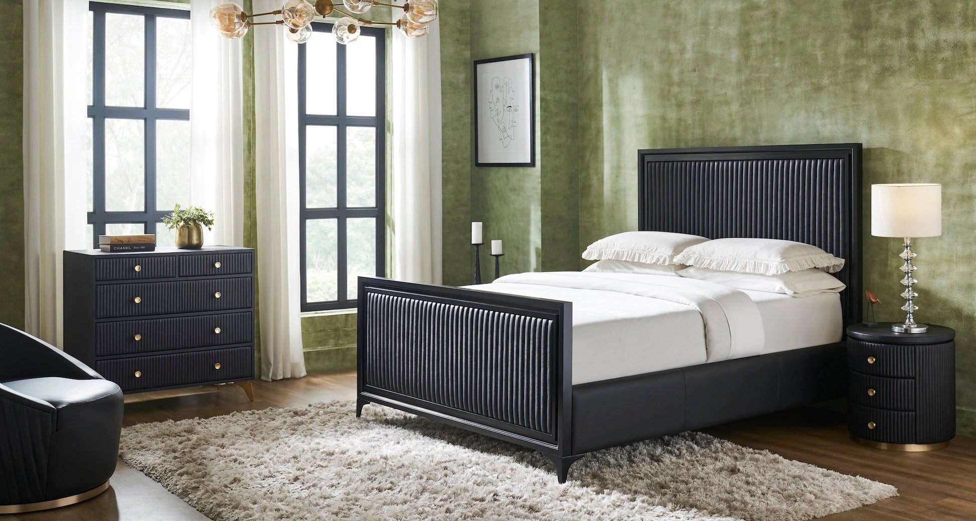 FN-5210-6080_3|Black channel tufted leather bed with black wooden frame in a luxurious bedroom, premium modern furniture design.