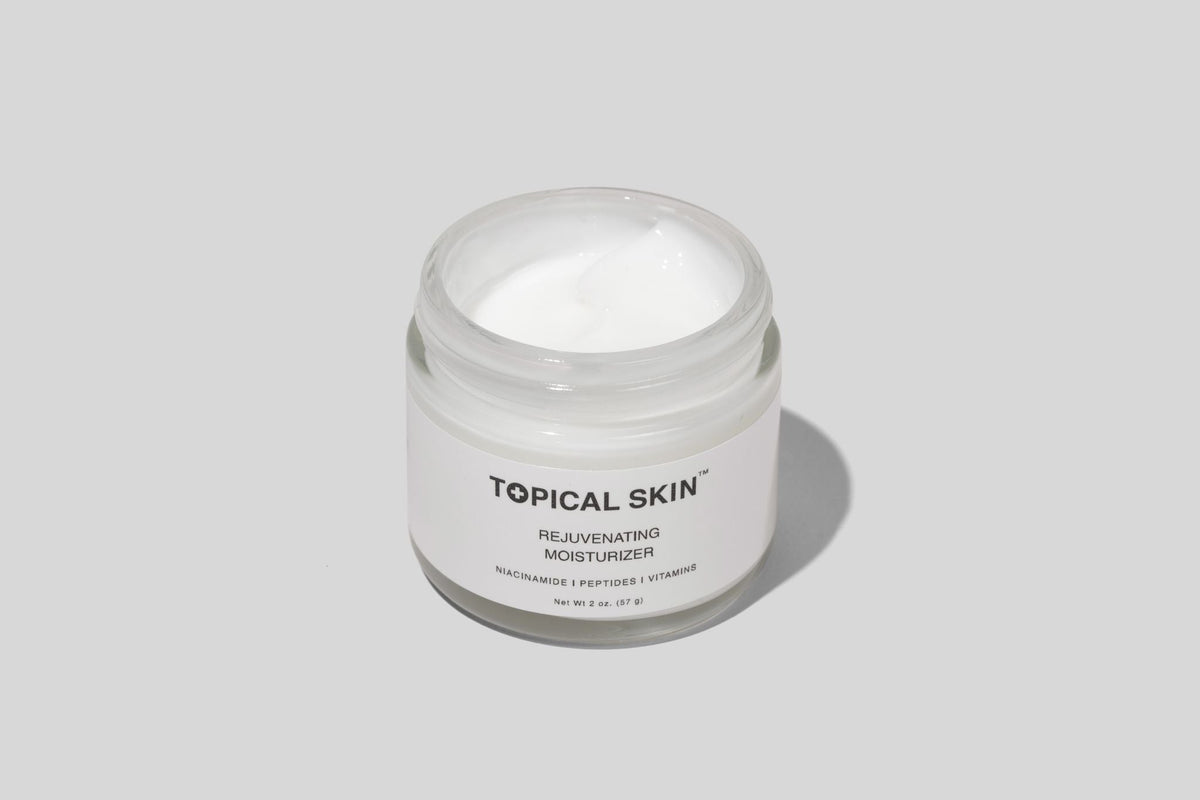Rejuvenating Moisturizer TOPICAL SKIN clean moisturizer white jar with niacinamide, peptides, vitamins.
