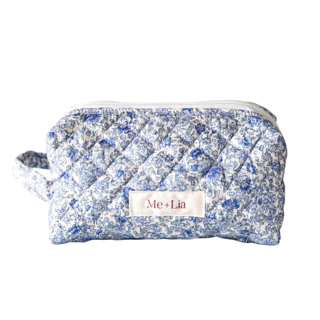 Blue Blossom Make-up Pouch Small — blue floral quilted cotton cosmetic pouch with Me + Lia label