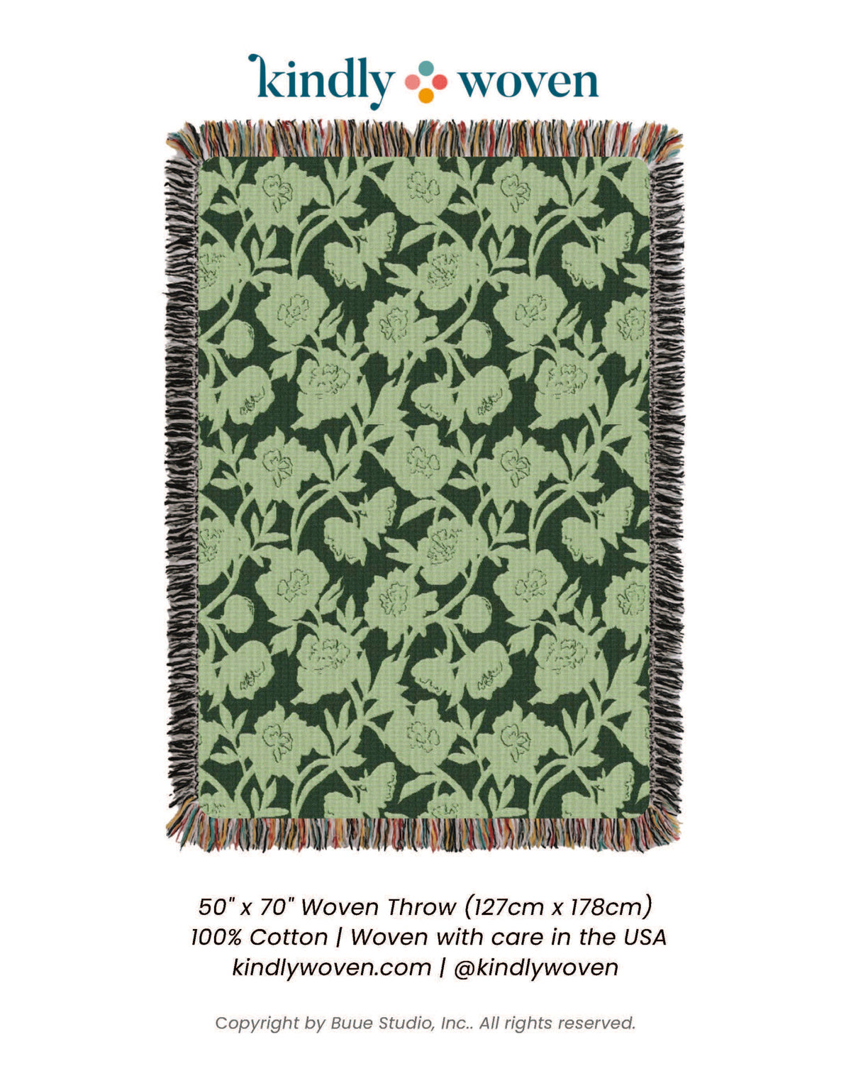 Full view of Addy Spruce green floral reversible woven throw blanket with fringe