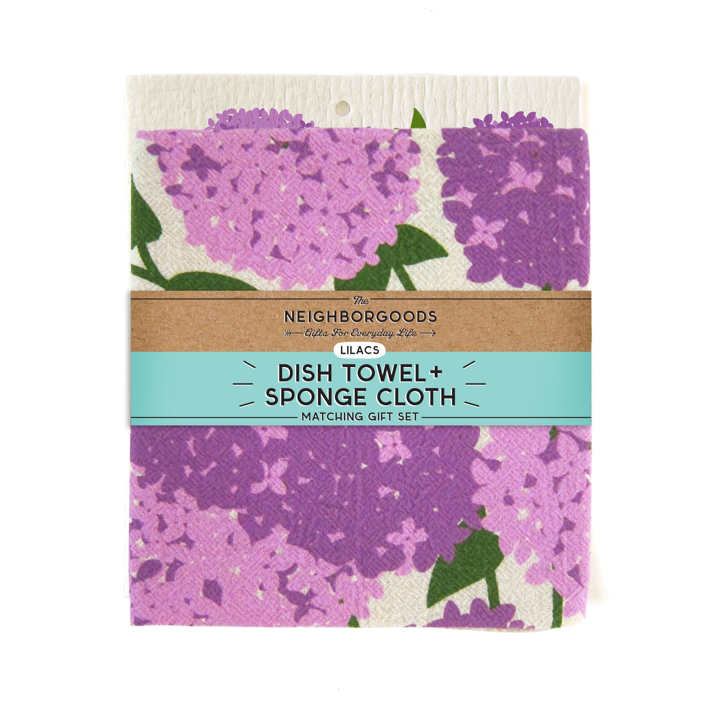 Back of matching dish towel and sponge cloth set with lilacs design