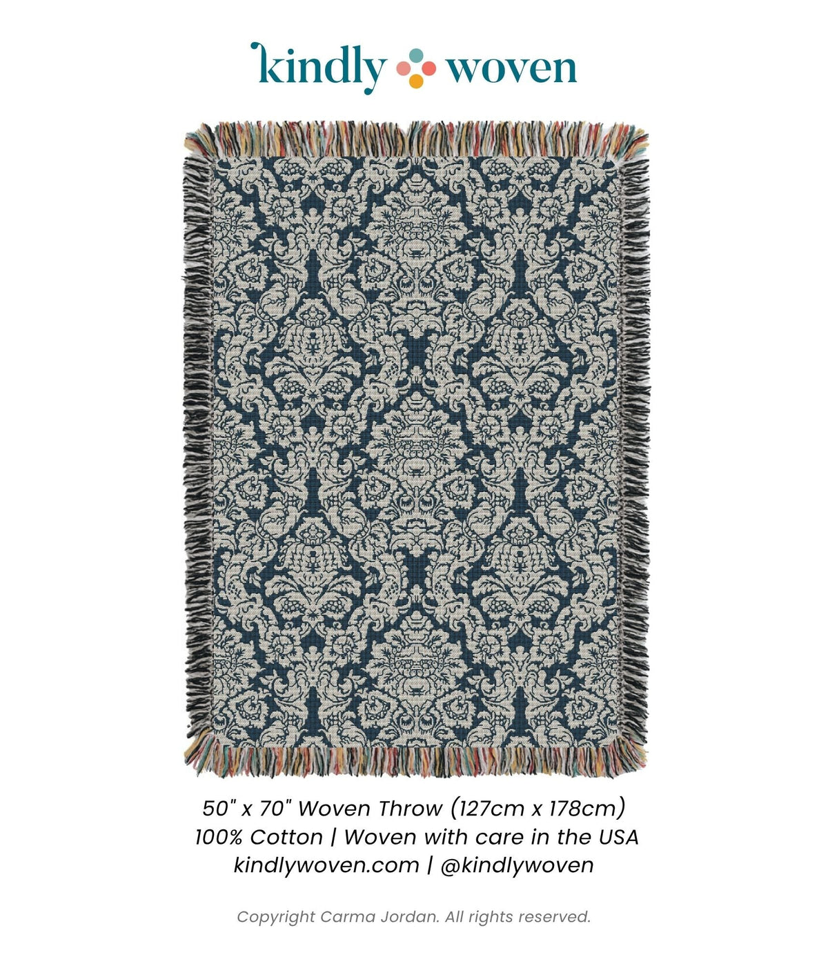 Verona Cerulean product card showing the full blue and cream damask floral woven throw blanket