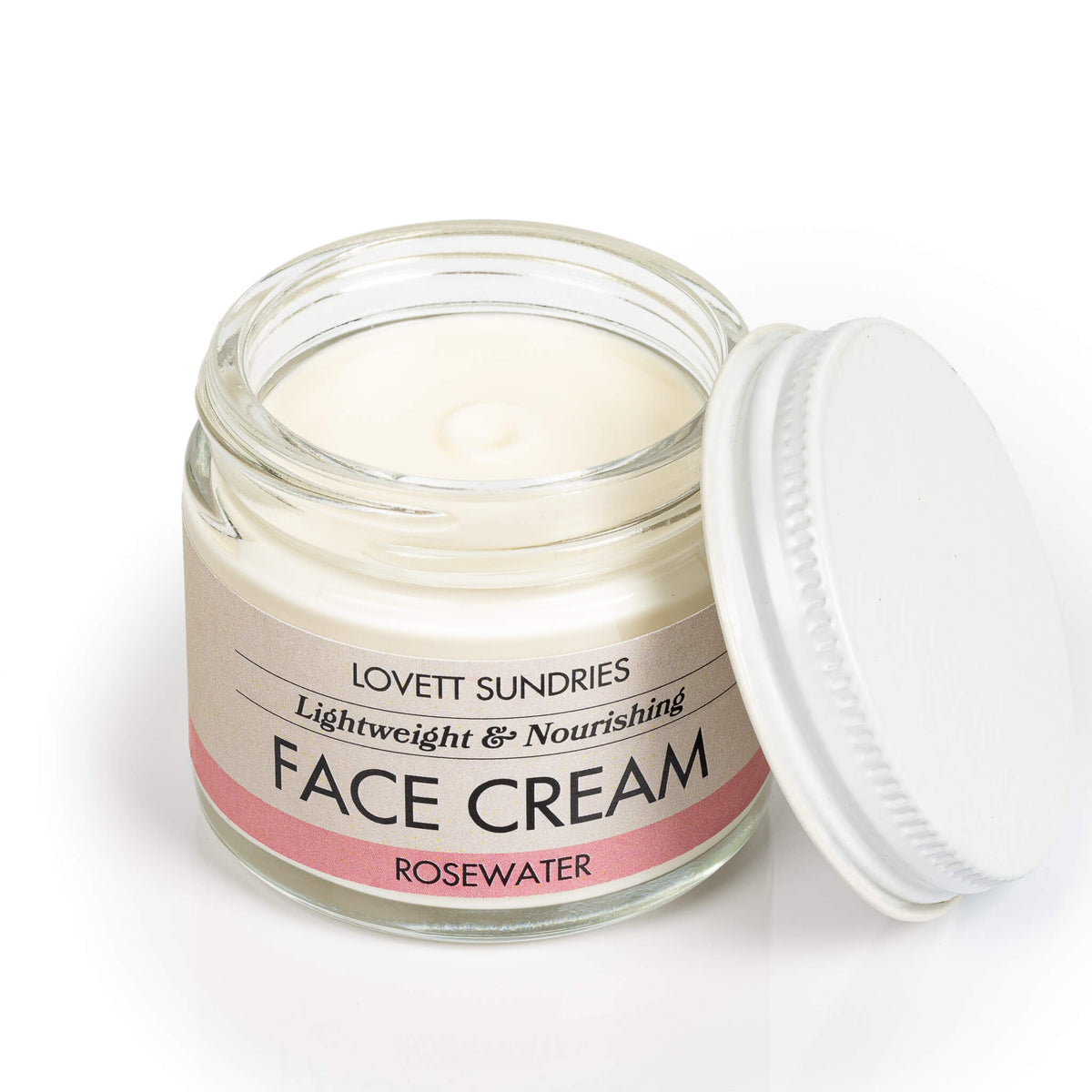 All natural creamy lightweight and nourishing Rosewater Face Cream in a glass jar.