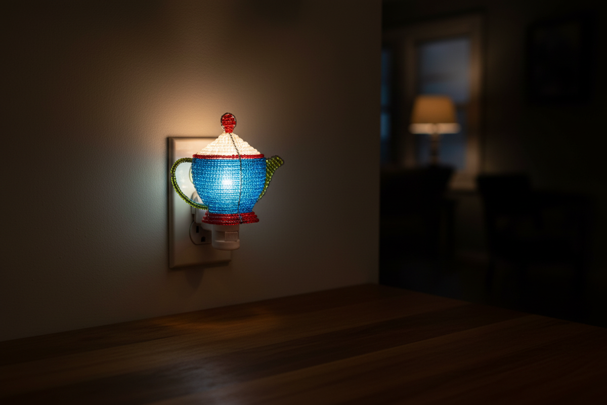 Beaded teapot night lights glowing softly in a cozy kitchen corner at night
