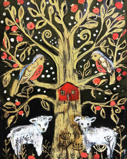 Vermont Tree of Life, Birds with the Lambs wall art, Print on Board - Leopard Frog