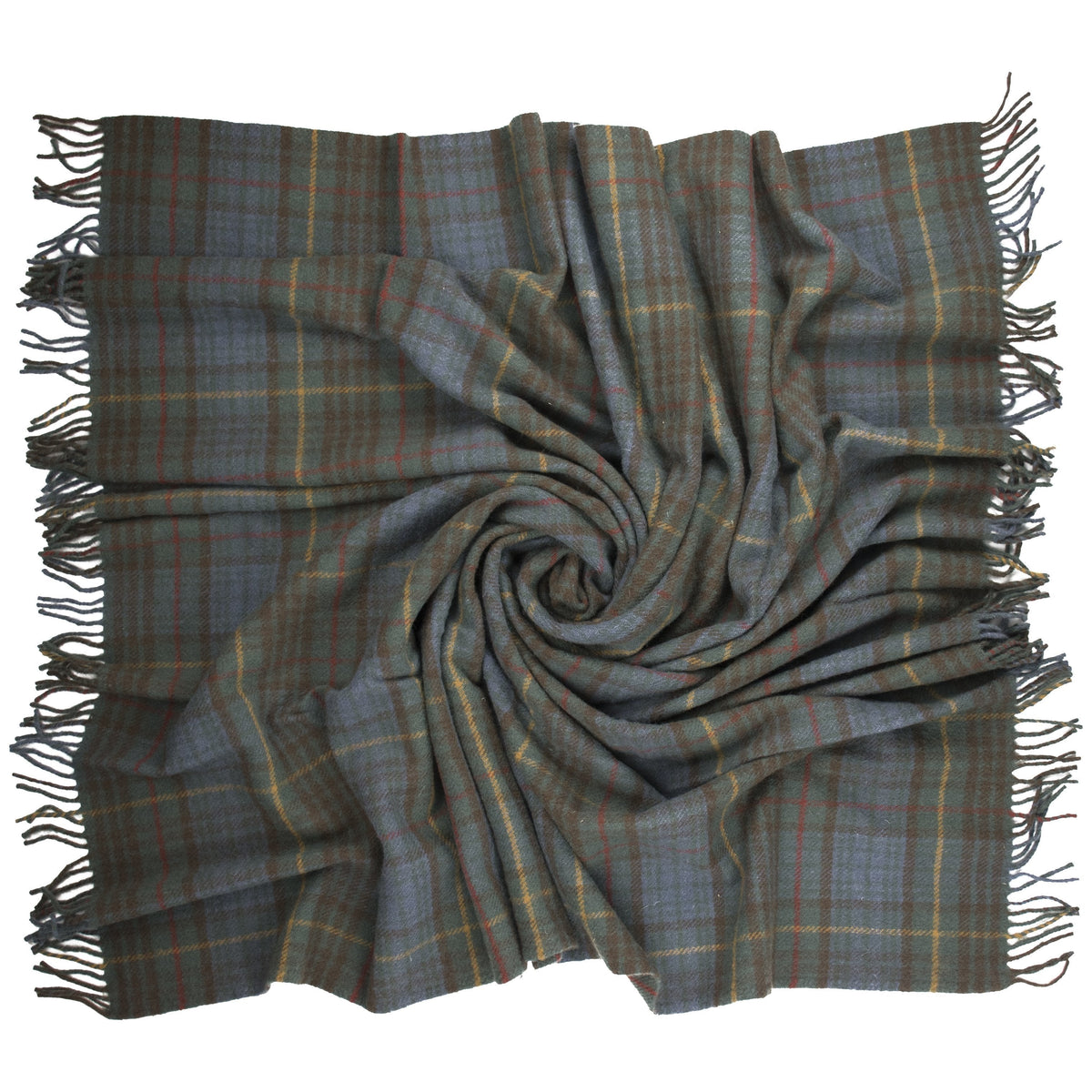 Antique Hunting Stewart tartan wool throw blanket in green and blue with fringe edges, 59 by 72 inches.