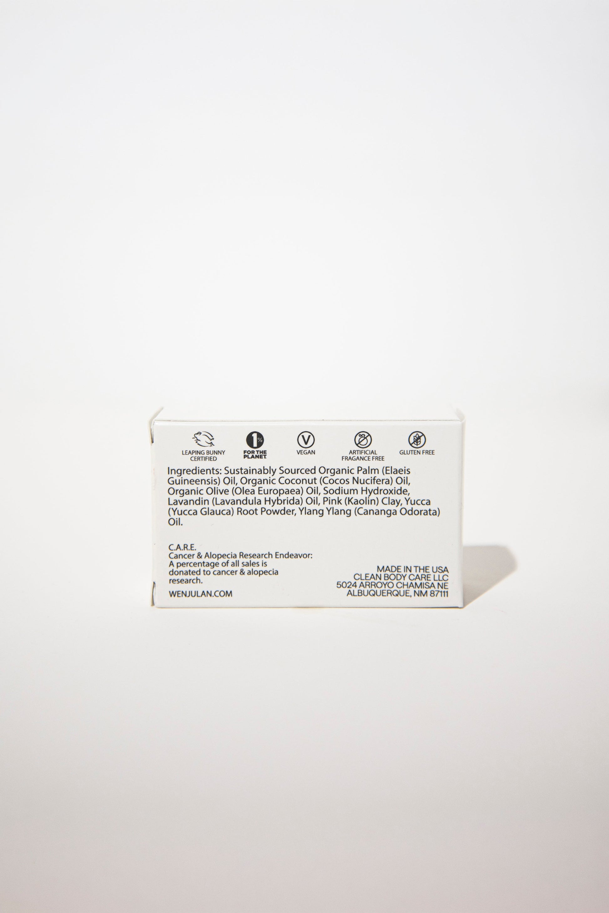 Wenjulan Whole Body Care Sensitive Skin Cleansing Soap with Kaolin Clay bar back side of packaging with ingredient list, certifications and company information on white background
