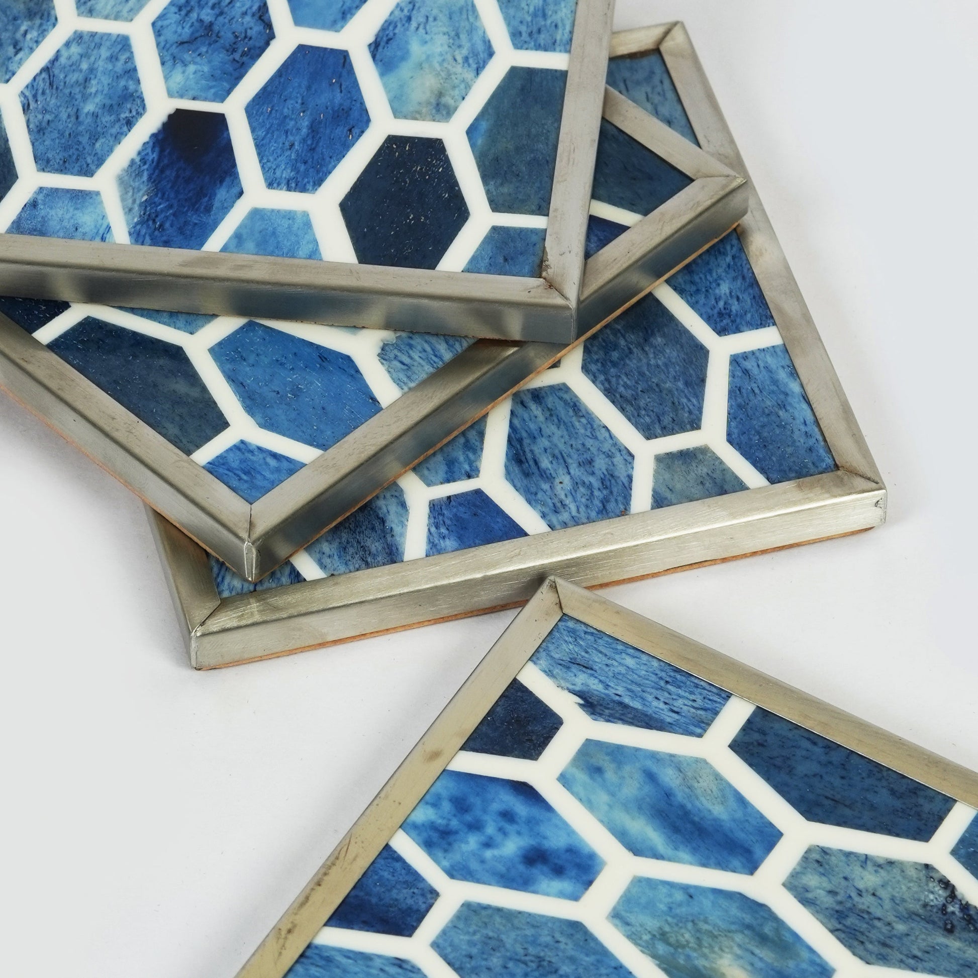 Mela Artisans Gramercy Blue Bone Inlay Coasters, Set of 4 square handcrafted drink coasters