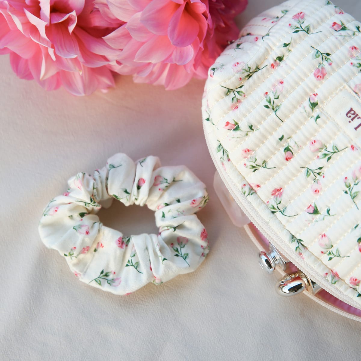 Cloud Rose Make-up Pouch Small — cloud rose floral cotton cosmetic pouch with zip