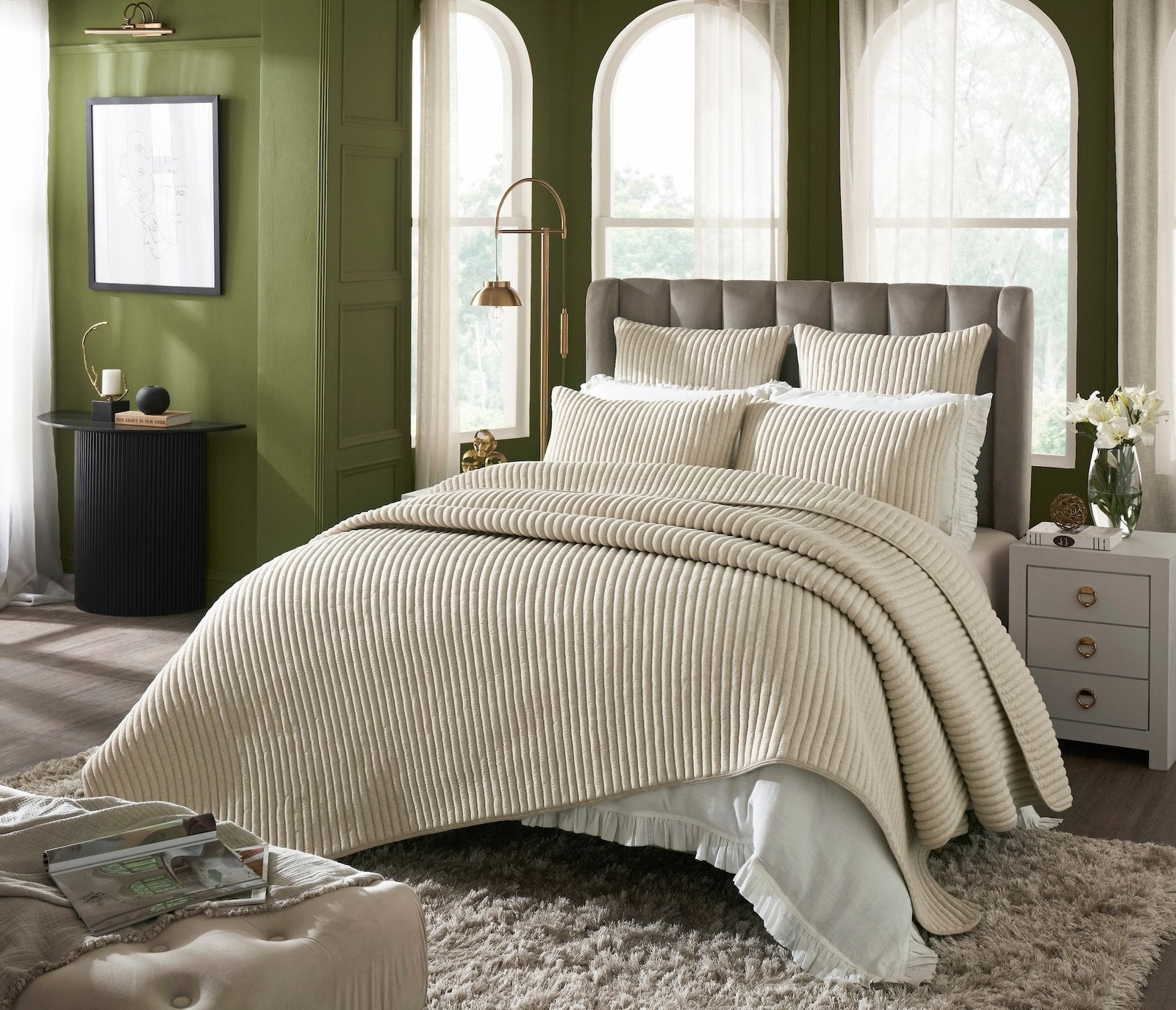 QT-368-9496_2|Luxurious beige ribbed velvet quilt on a stylish bed with matching pillows, adding elegance to the bedroom.