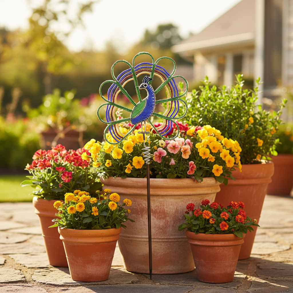 Handcrafted peacock garden stake in sunny backyard patio with terracotta pots and blooms – 12PEAST1