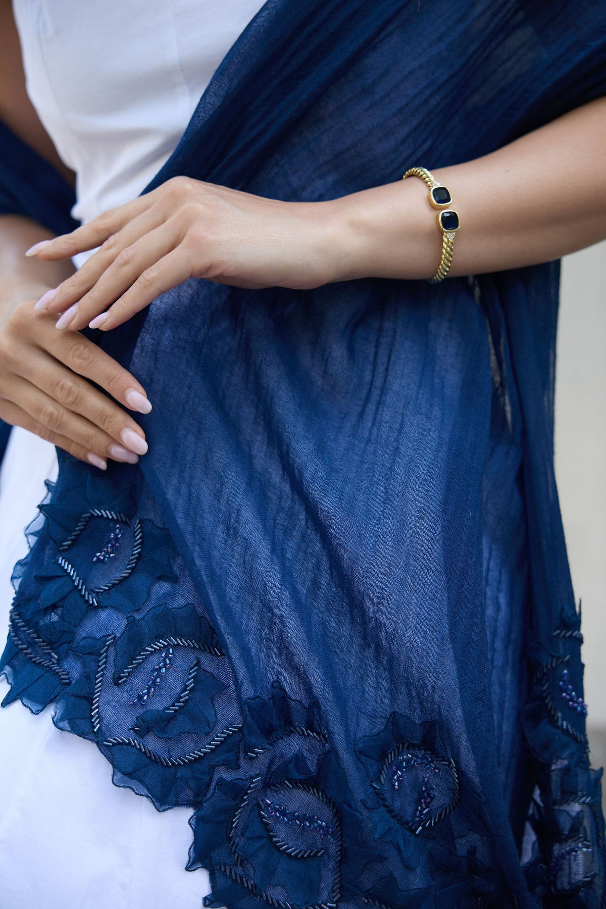 Floral Swirl Beaded Wool Scarf - Navy