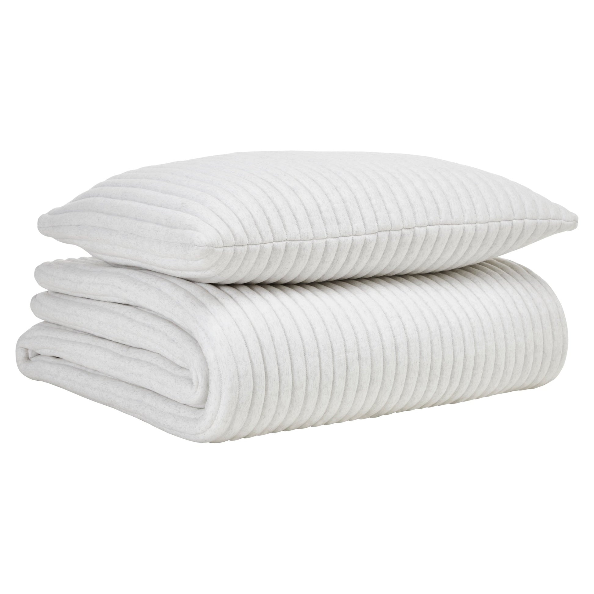 QT-374-9496_5|Stacked off-white ribbed quilt and matching pillow, a cozy and stylish addition to any modern bedding collection.