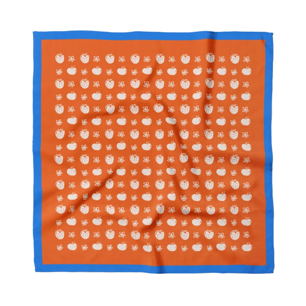 orange bandana with white flowers, apples and strawberries, blue border 