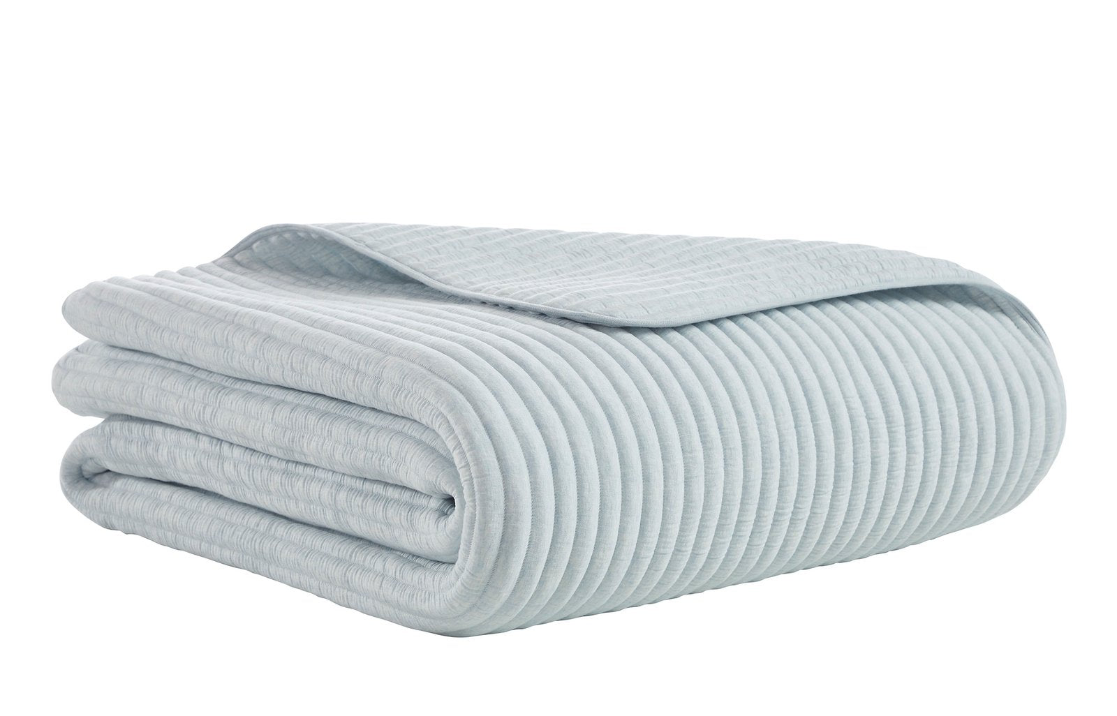 QT-369-11096_5|Beautifully folded light blue ribbed quilt, offering modern texture and cozy comfort for a stylish bedroom.