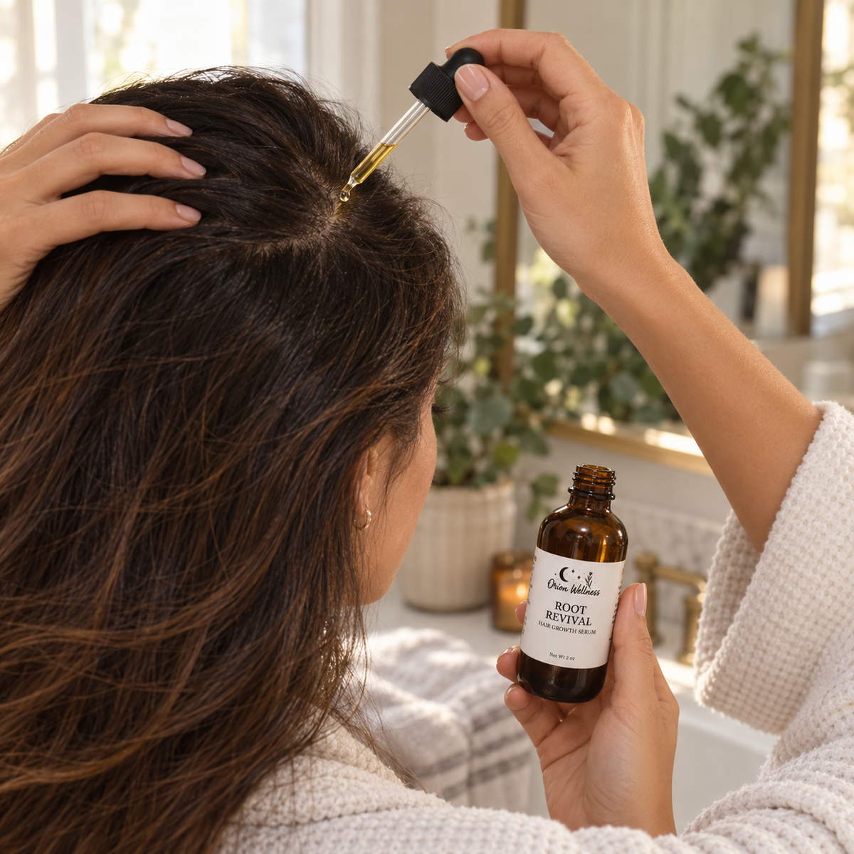 Root Revival Hair Oil in use, included in Scalp + Calm Ritual