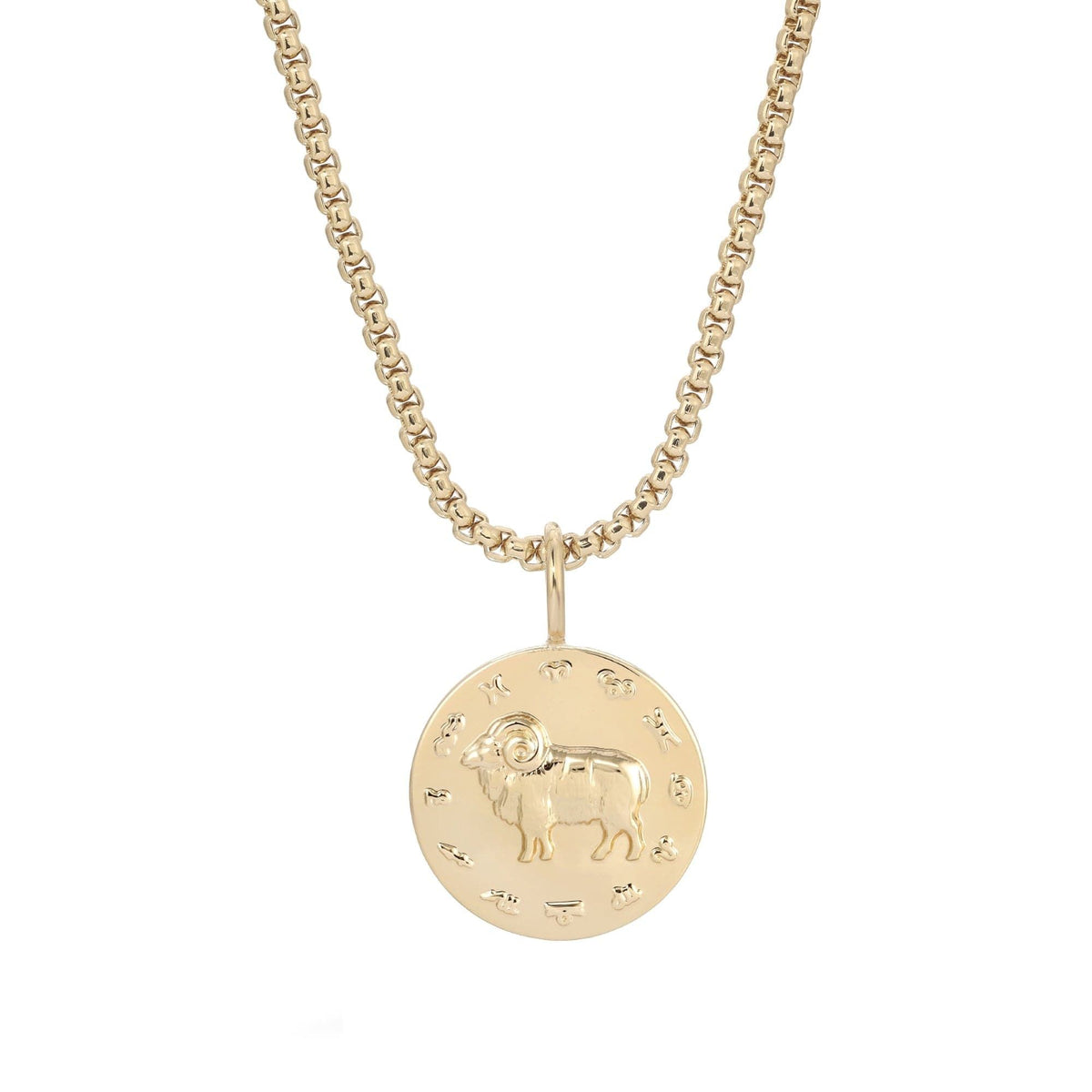 Gold-toned Aries zodiac pendant necklace with thin box chain displayed