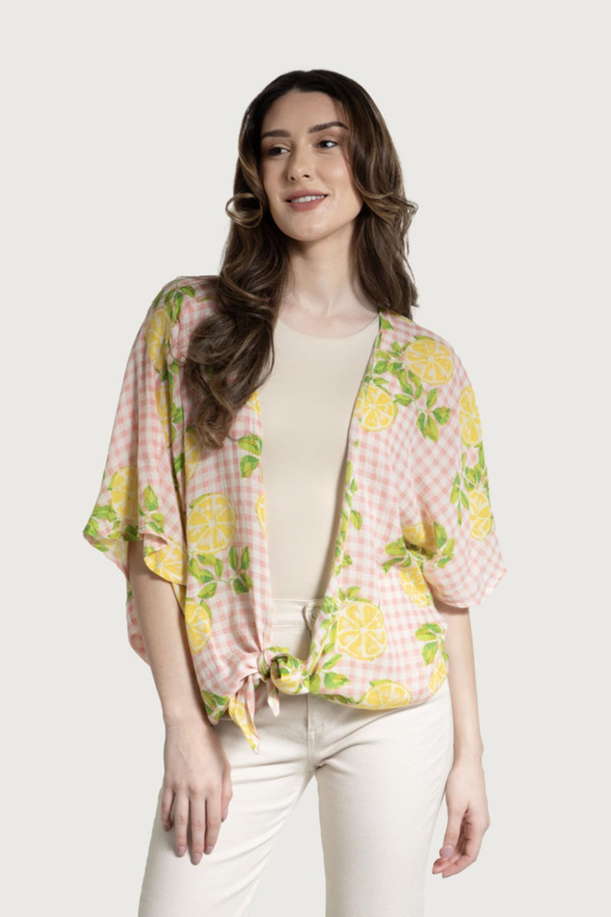 Short Tie Front Kimono Citrus Gingham - Pink