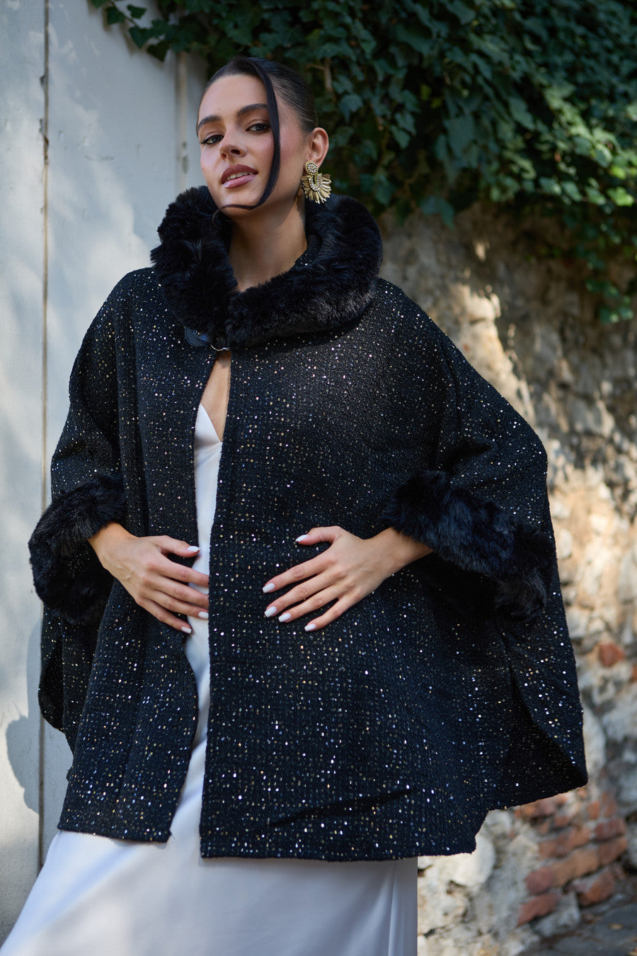 Sequin Kimono Faux Fur Hood - Black