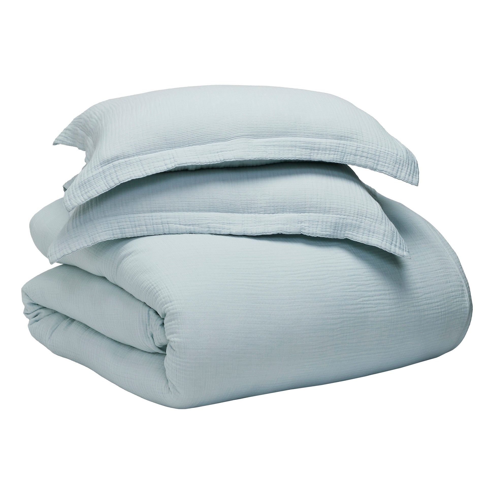 DT-050-10692_10|Folded light blue textured cotton duvet cover and two matching shams, soft crinkle fabric bedding set.