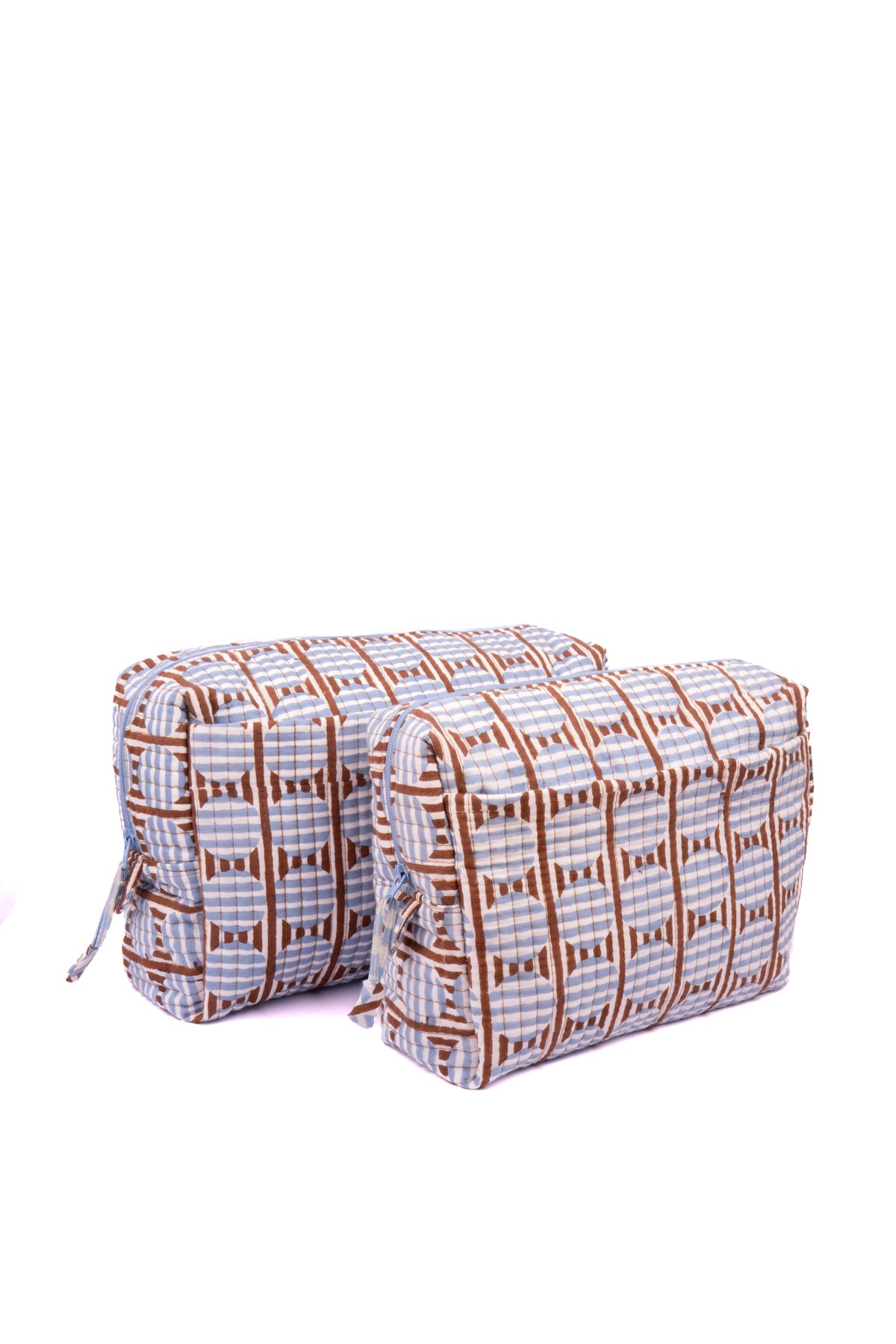Inner Child brown blue striped circle blockprint travel pouches