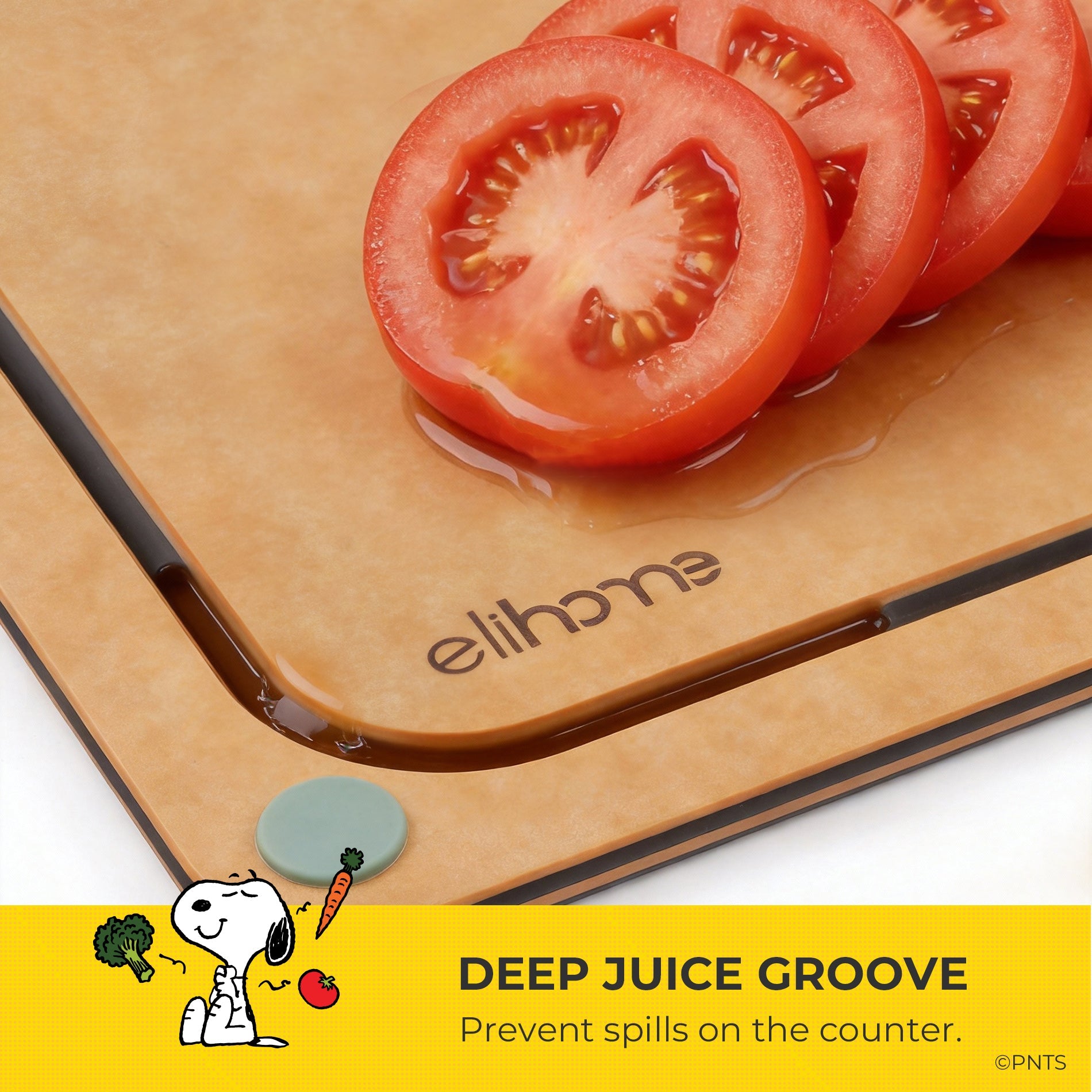 Sliced tomatoes on a wooden cutting board with 'eliwich' branding, featuring a cartoon character and text about spill prevention.