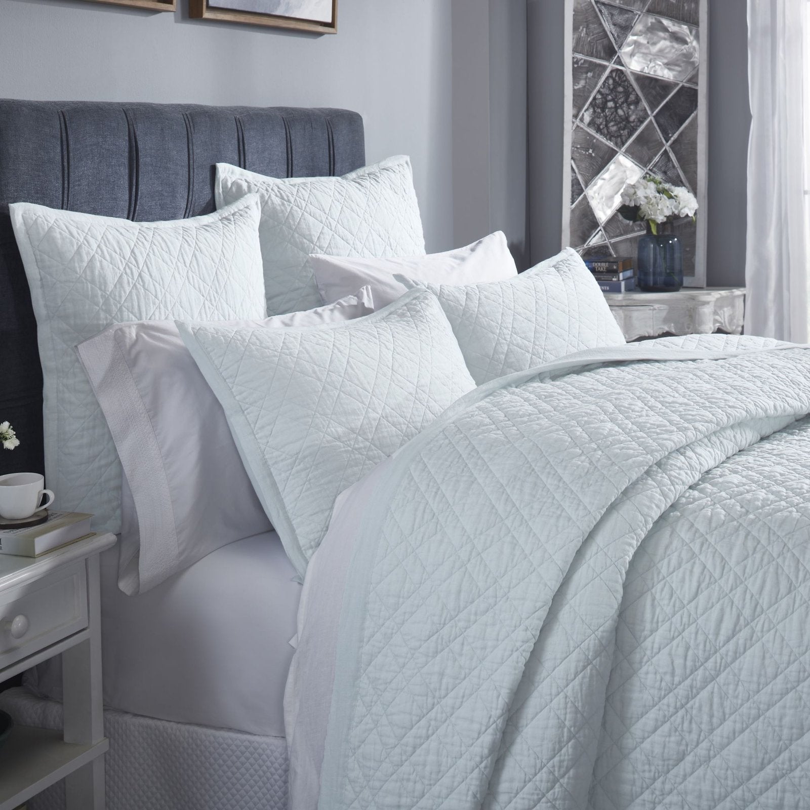 CL-255-9496_3|Inviting light blue quilted coverlet and matching pillows, showcasing a beautiful diamond pattern for a serene bed.