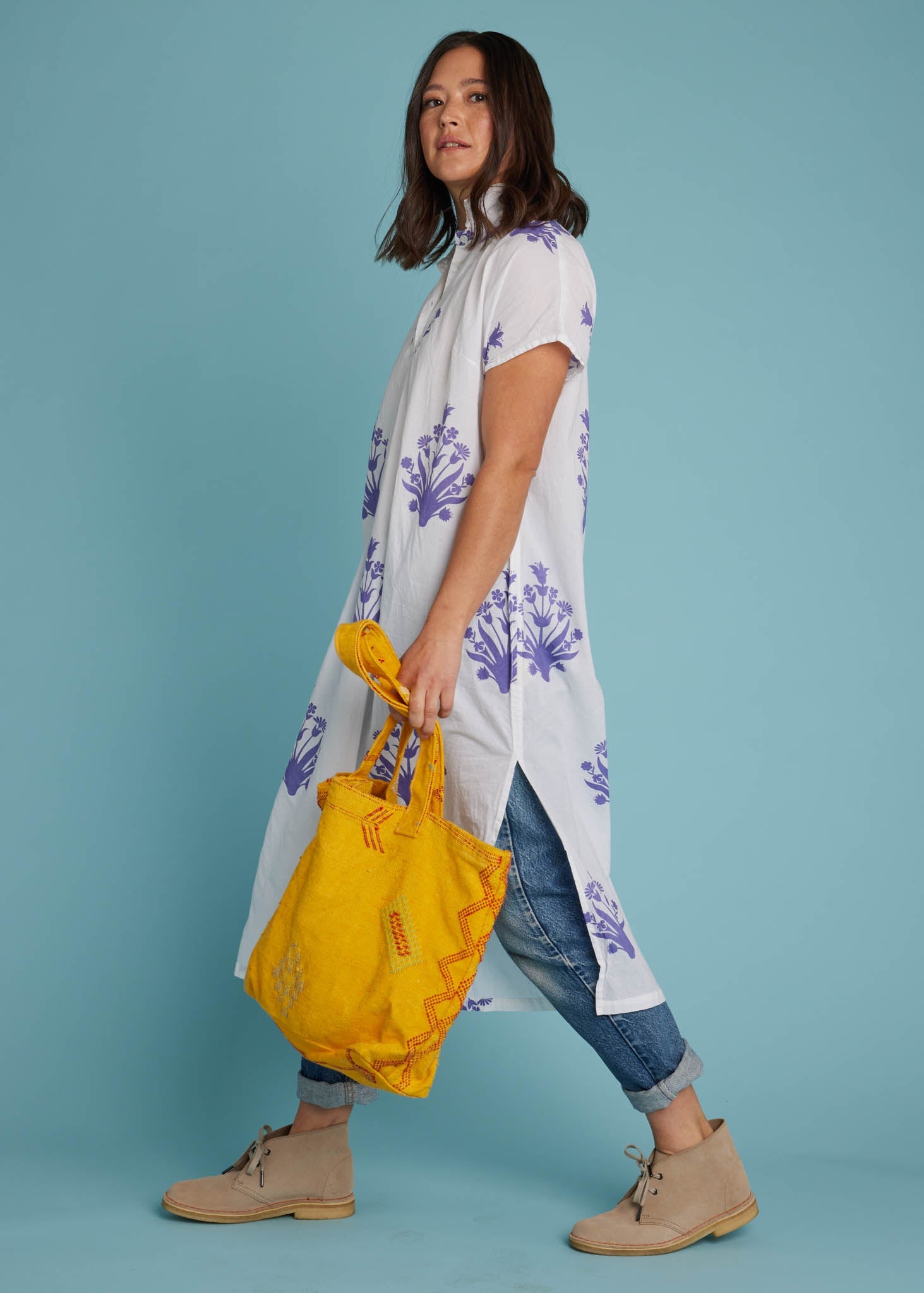Scout Caftan - Cameo Floral Coastal Purple 6 - Side - Model w/ Bag