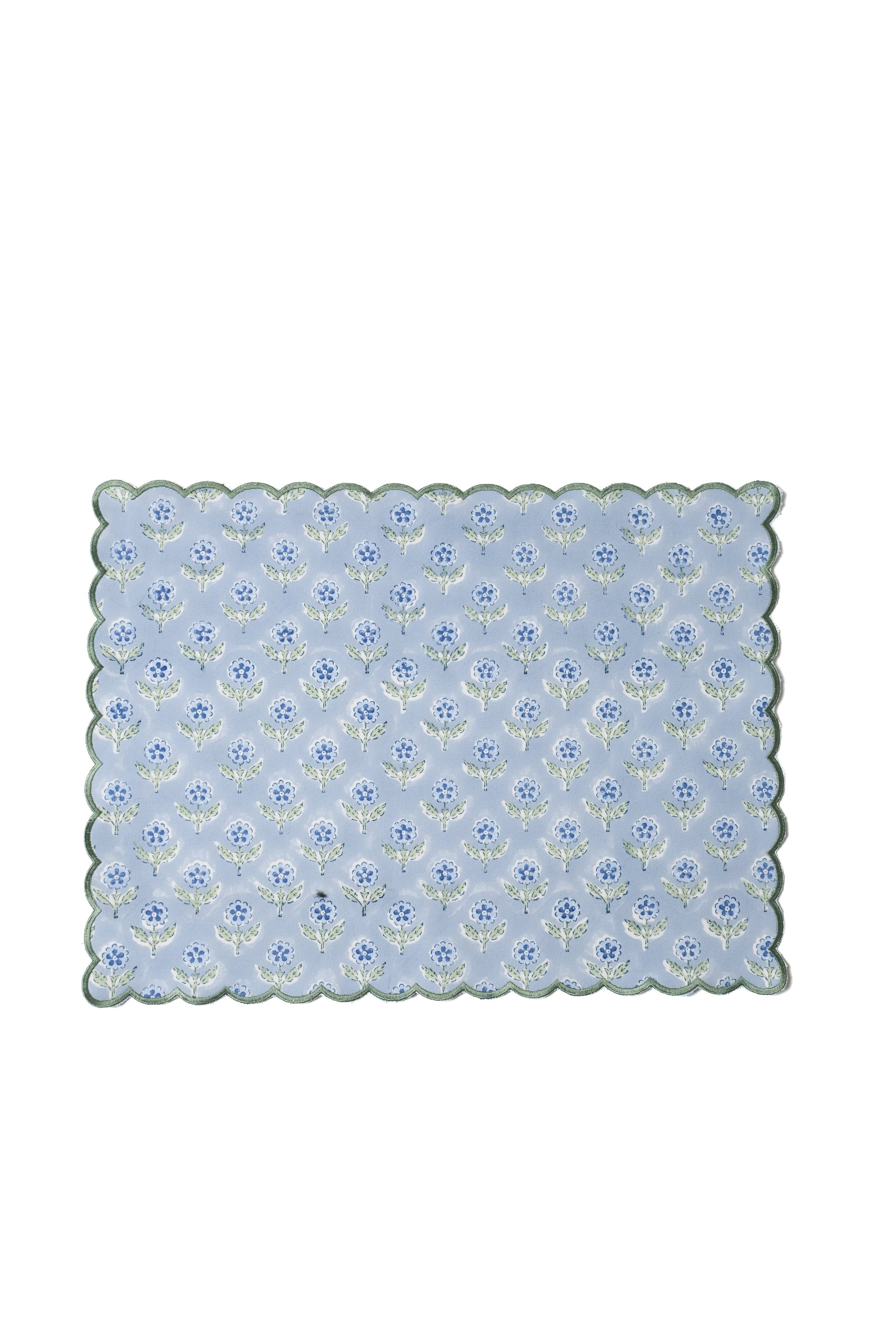 Single blue scalloped embroidered blockprint placemat from Inner Child