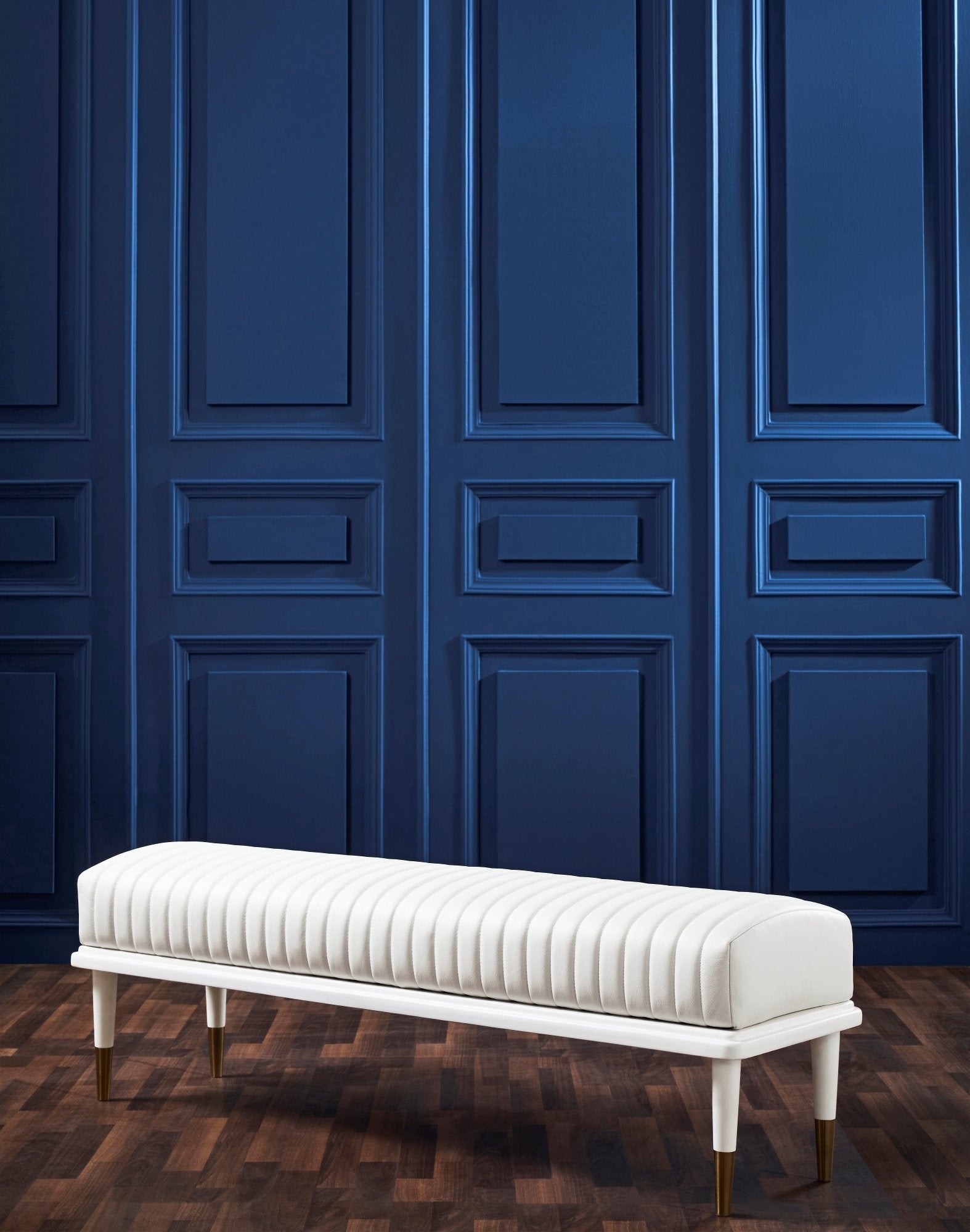 FN-5203-601618_4|Elegant white ribbed leather upholstered bench with modern gold-tipped legs. Luxurious living room furniture piece.