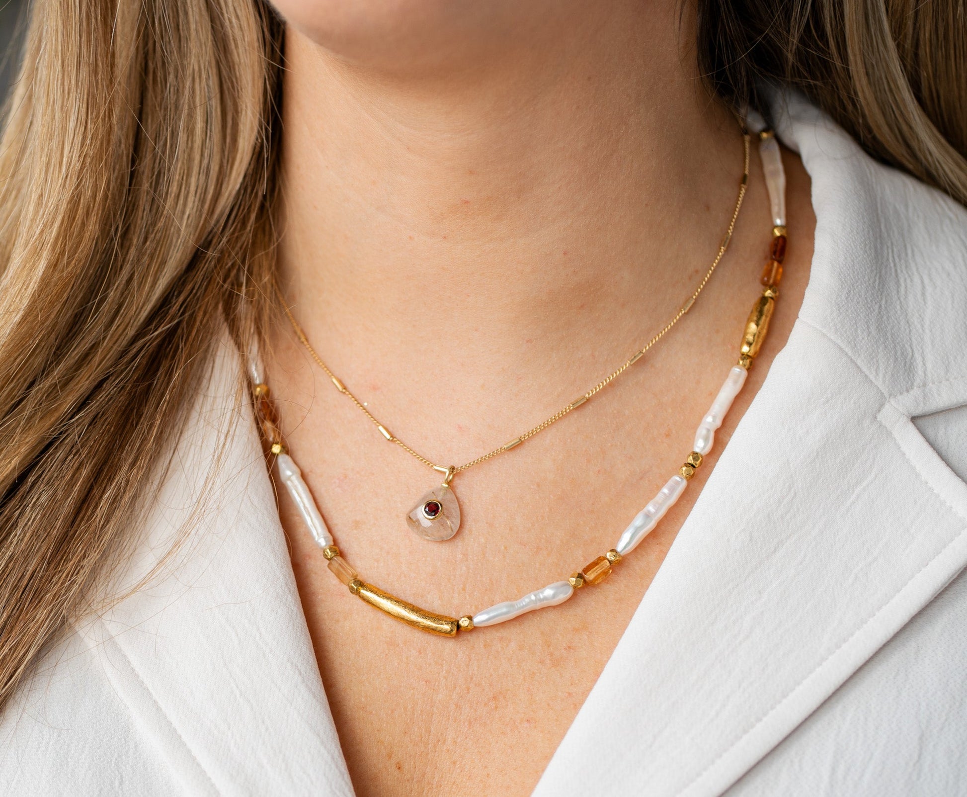 Biwa Pearl and Hessonite Garnet beaded necklace with gold accents on adjustable chain